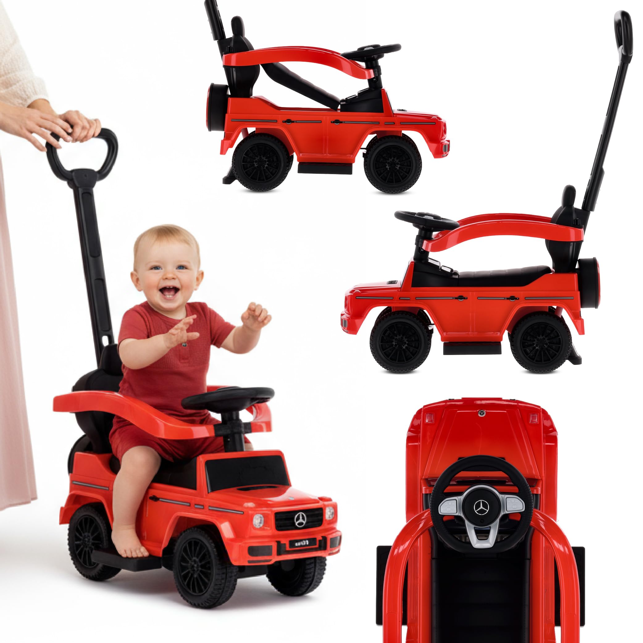 sun baby Coche de Empuje Mercedes Benz G con Licencia, Coche para Niños a Partir de 1 año, Volante con Sonido, Asiento y Ruedas de plástico, Barra de Empuje (Rojo)