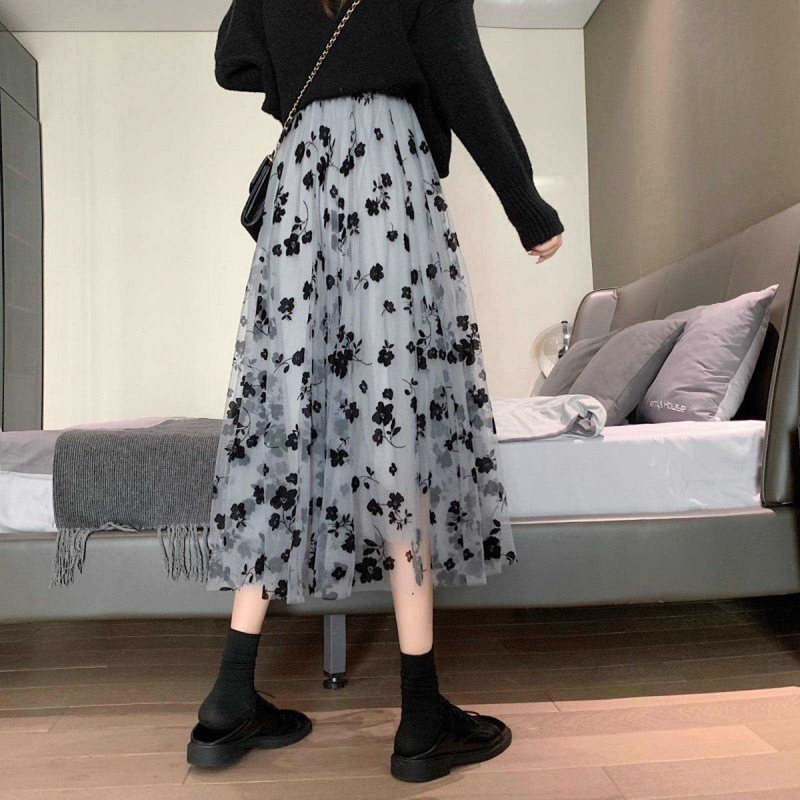 Jupe longue en tulle pour femme - Broderie vintage élastique - Taille haute - Ligne A - Jupe plissée en maille - Jupe midi pour femme