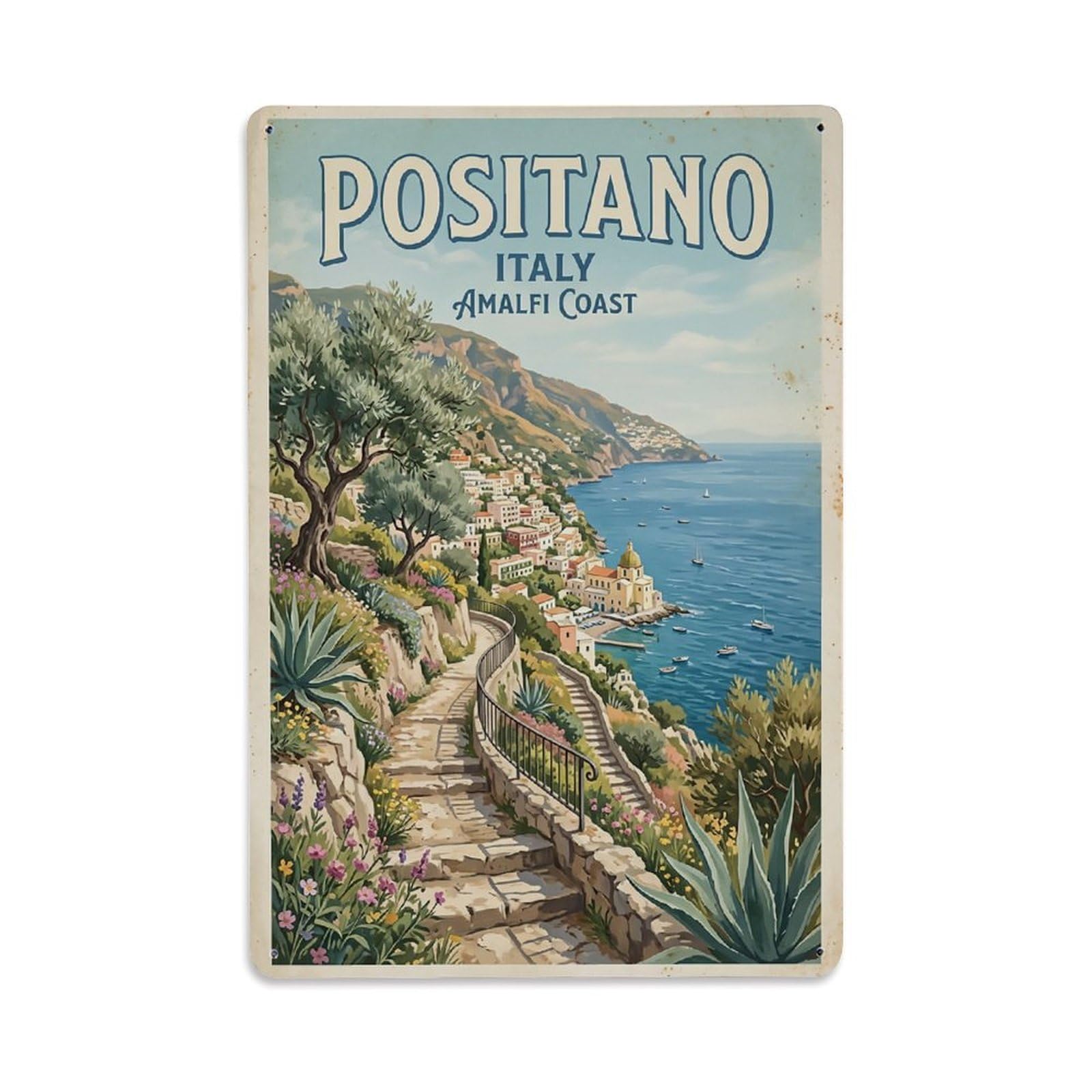Huiyhb 8X12inch(20X30cm) Vintage Travel Positano Italy Cliff Garden Path Metal Tin Sign