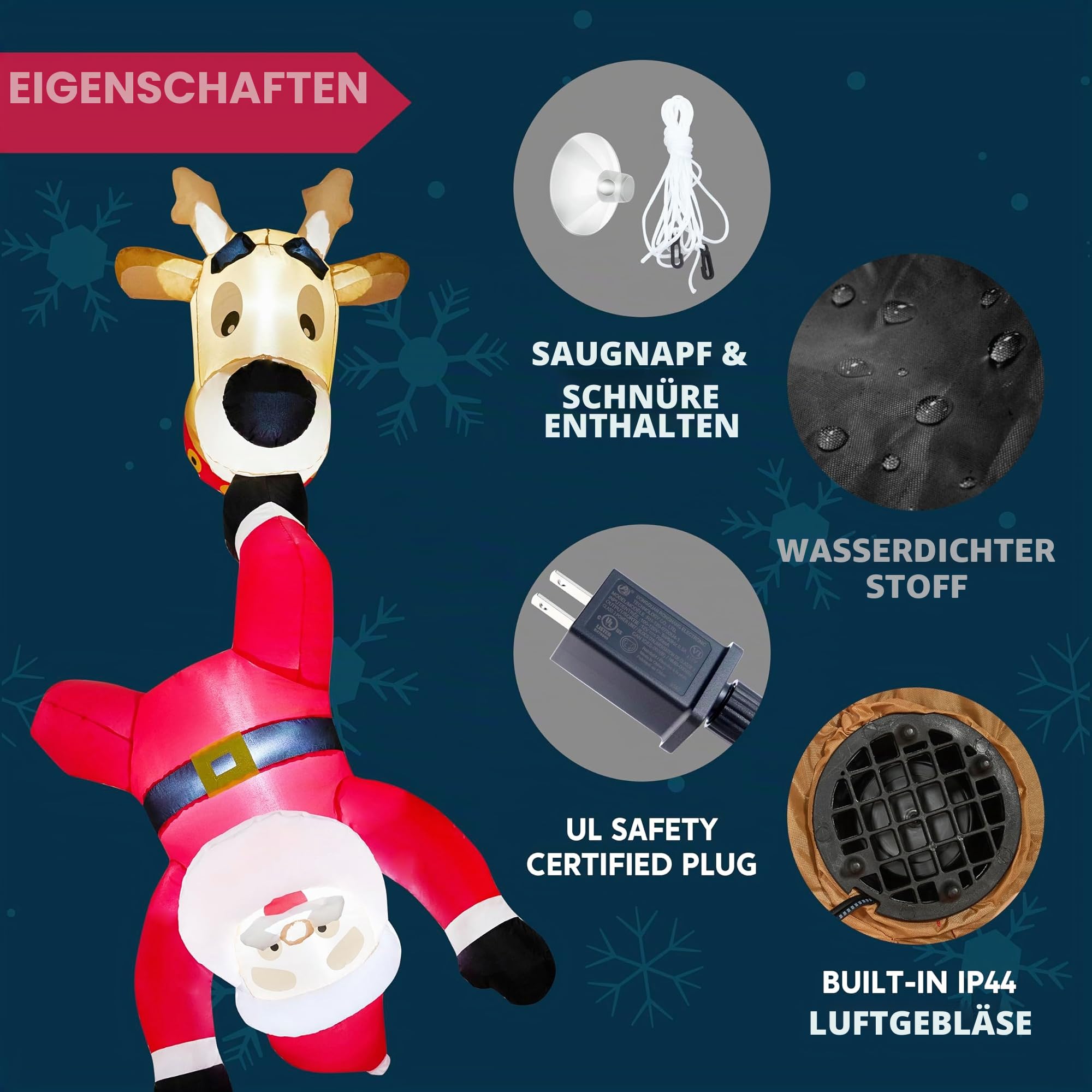 JOIEDOMI Aufblasbarer Weihnachtsmann mit Rentier, 1,8 m hoch, aufblasbar mit eingebauter LED für Fensterdekoration, Weihnachtsfeier, Outdoor, Innenhof, Garten, Dekoration