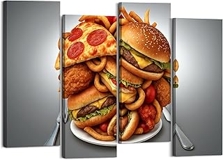Canvas Wall Art Prints Pictures Fast Food Diet Framed Posters Modern Wall Painting Artwork Gift Home Decor for Living Room Ready to Hang 4 Panel