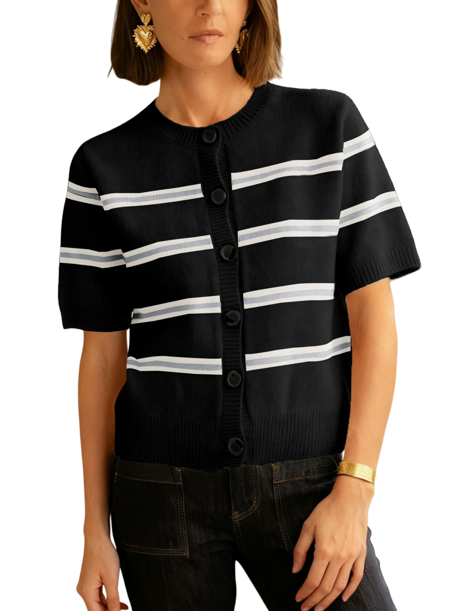 Lianlive Striped Cardigan Sweater for Women Casual Crewneck Short Sleeve Knit Tops Button-Down Fall Knitwear Cardigans