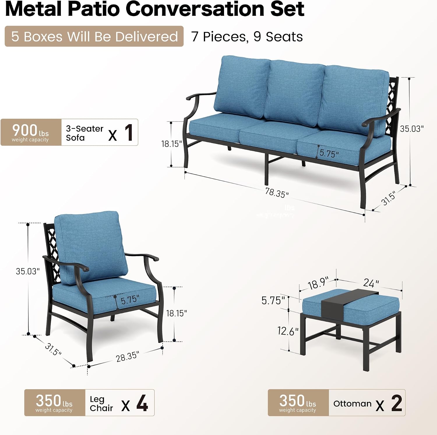 SUNSHINE VALLEY 7 Piece Metal Outdoor Patio Furniture Set, Patio Conversation Sets 1 3-seater Sofa, 4 Fixed Chair, 2 Ottomans with 5.75" Thick Cushion, Black All-weather Frame Backyard Furniture, Navy