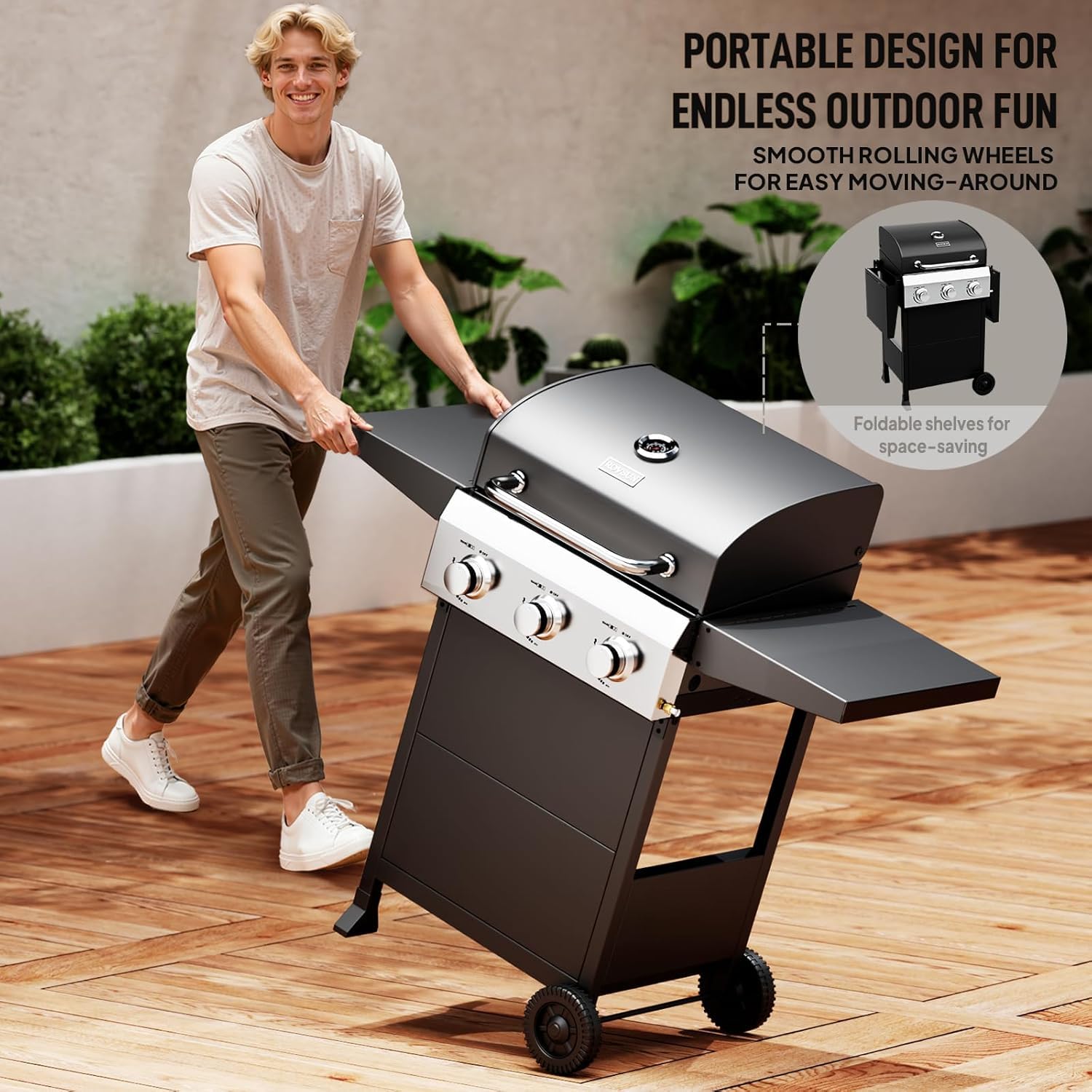 Gasgrill 3 Brenner, Camping Gasgrill 10,5 kW, Grillwagen mit Deckel & 50-mbar-Druckminderer, Gas Grill geeignet für Camping und Grillabende im Garten