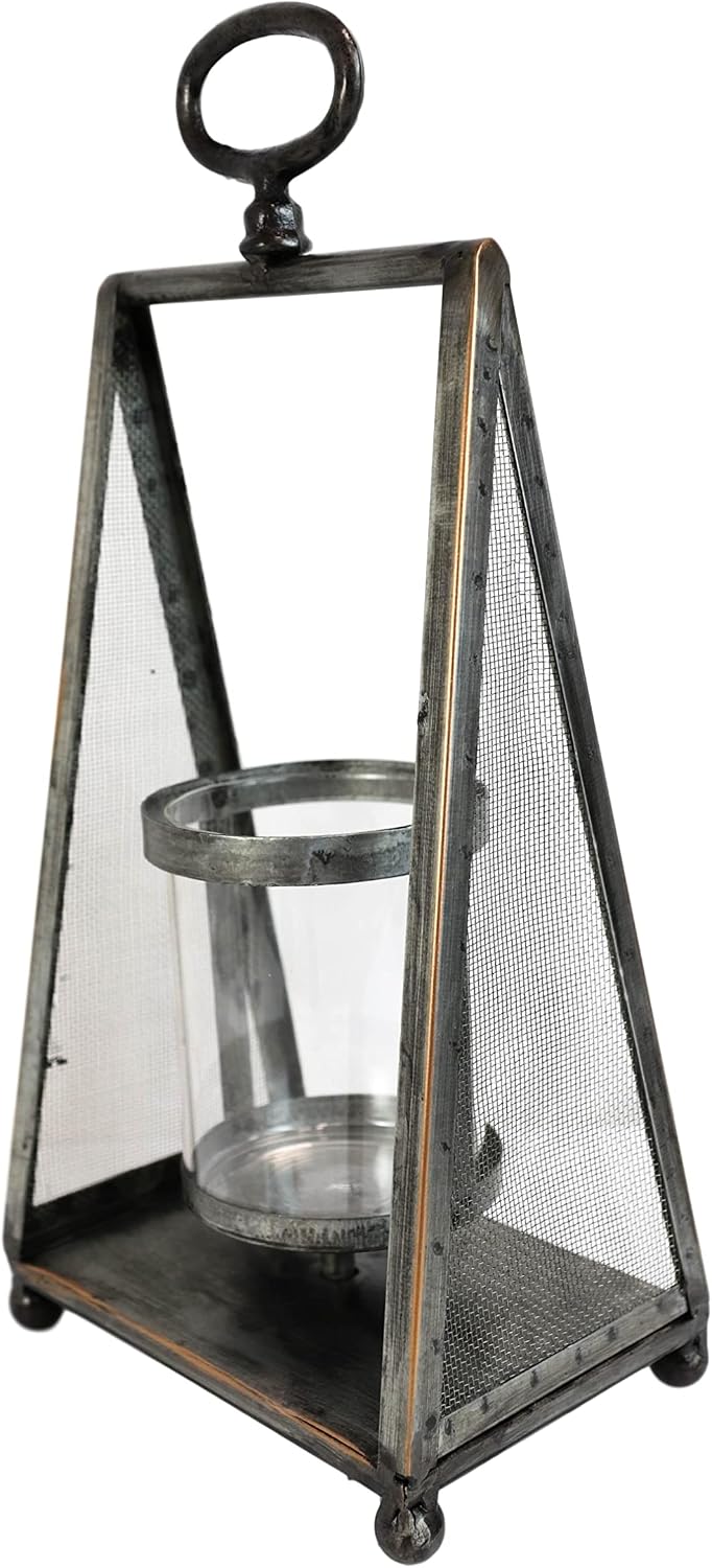 Ebros Gift Rustic Western Farmhouse Galvanized Metal Decorative Single Pillar Candleholder Trapezium Pyramid Lantern Candle Holder Warm Country Accent