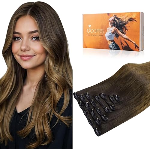 DOORES Human Hair Extensions Clip Ins, Chocolate Dip Color Melt 18 Inch 7pcs 120g, Clip in Hair Extensions Remy Natural Hair Extensions Thick Silky Straight Hair