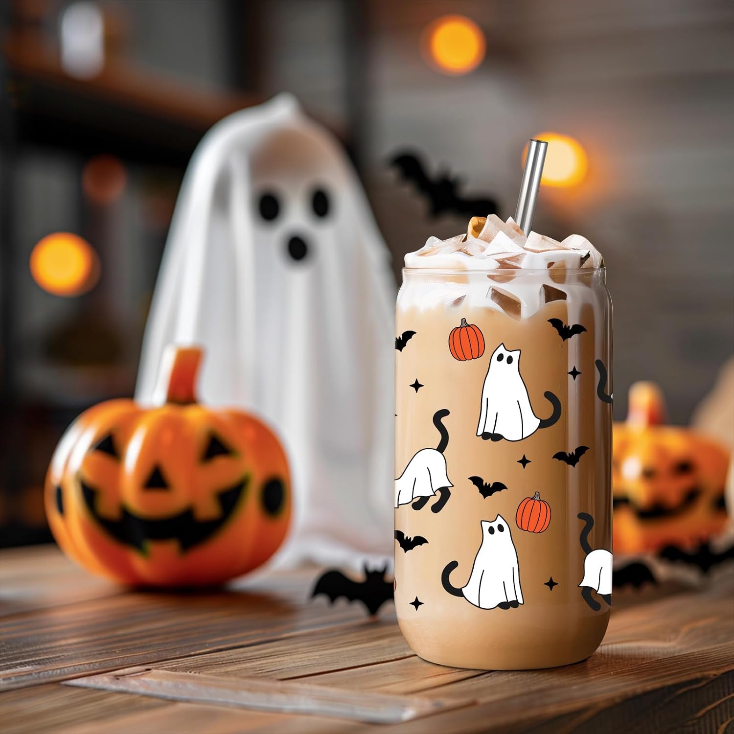 Fairy's Gift Halloween Ghost Cat Iced Coffee Cup, Halloween Cat Pumpkin Cup