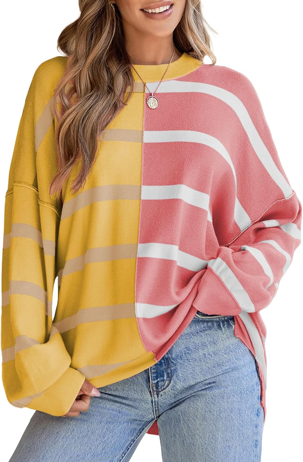 EVALESS Womens Striped Sweaters Long Sleeve Cable Knitted Color Block Casual Loose Lightweight Oversized Sweaters Pullover