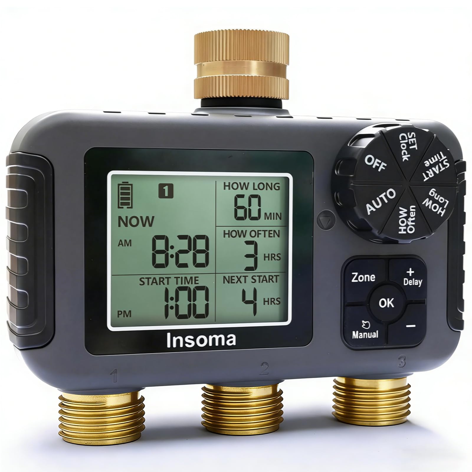 Insoma 3 Zone Sprinkler Timer with Brass Inlet Outlet, Water Timer for Garden, Rain Delay/Manual/Automatic Watering System, Large LCD + IPX5 Waterproof, Water Hose Timers for Lawn, Garden, Pool