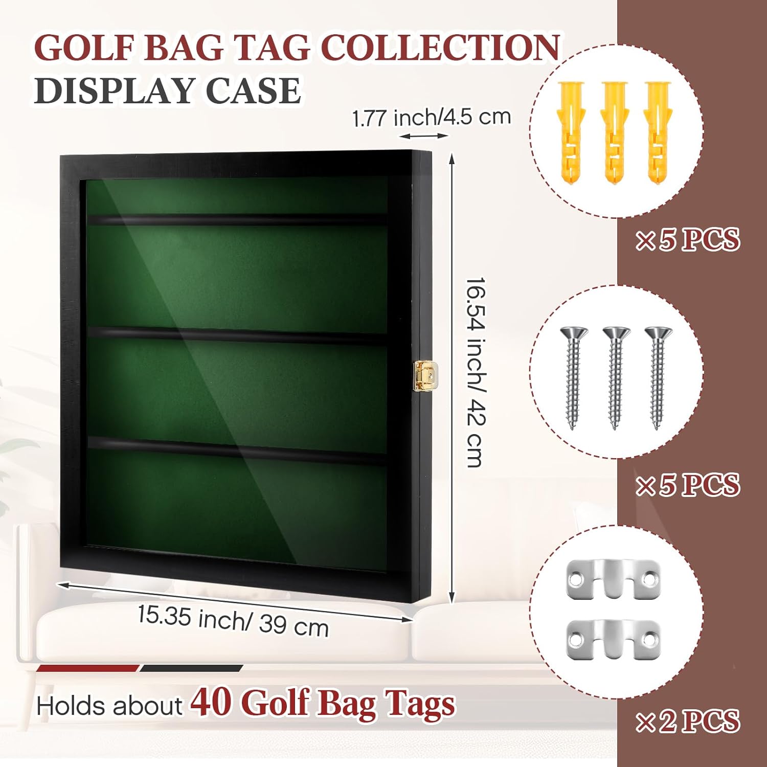 Golf Bag Tag Collection Display Case Holds 40 Bag Tags 16.54 x 15.35 x 1.77 Inch Wall Mount Wooden Shadow Box W/98% UV Acrylic Door Lockable Storage Display Box for Collection (Black, Green)