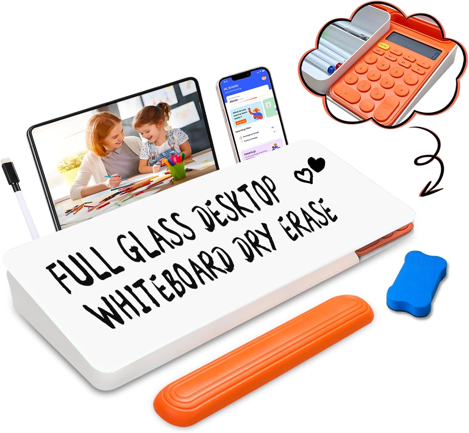 desk whiteboard dry erase glass desktop whiteboard with calculator, desk board with keyboard stand for office or school white with calculator