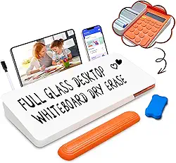 Quadro branco de mesa de vidro apagável a seco com calculadora, quadro de mesa com suporte de teclado para escritório ou escola