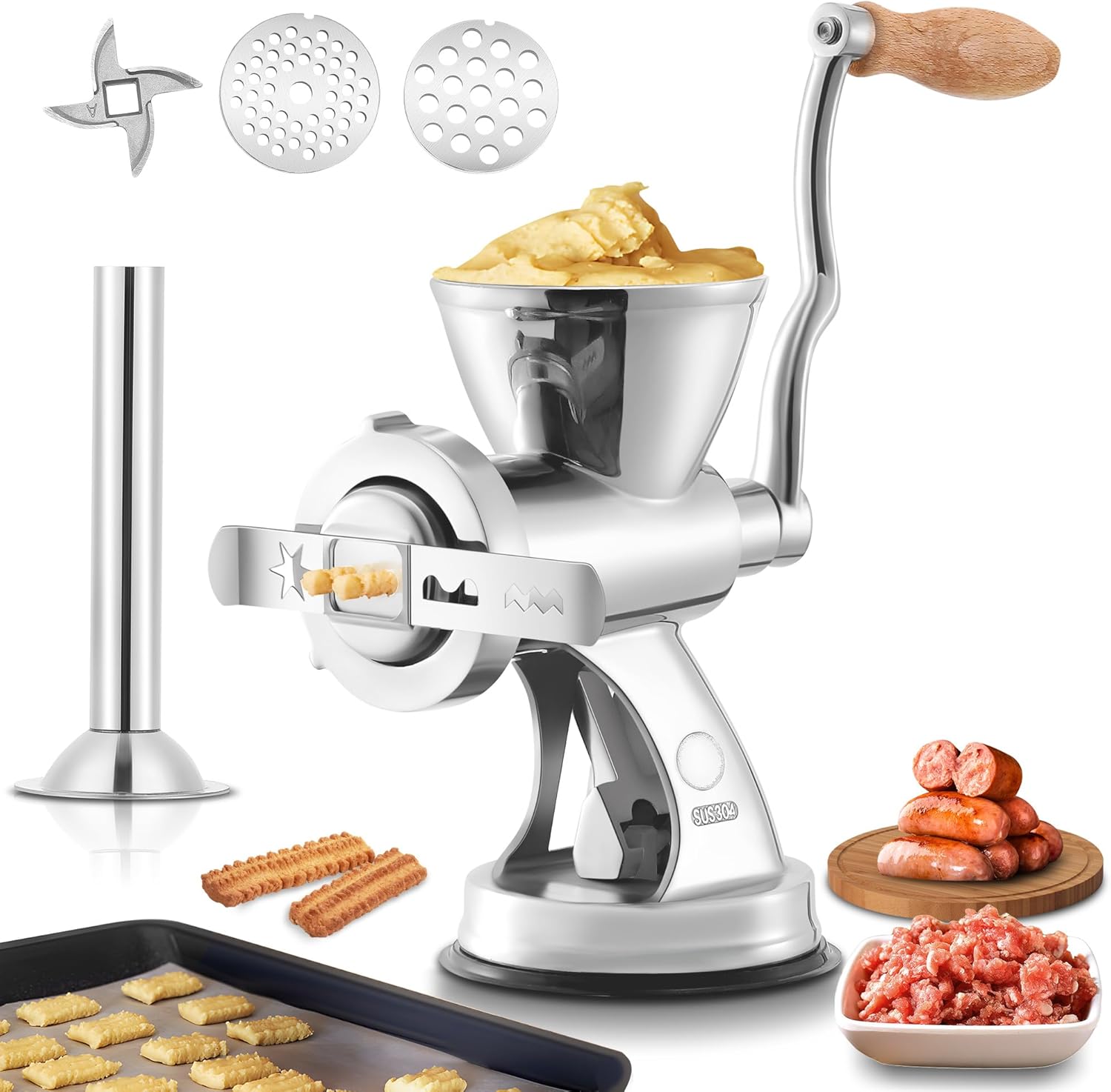 Hanchen HC Manual Meat Grinder in use, showing ground meat, sausages, and cookies.