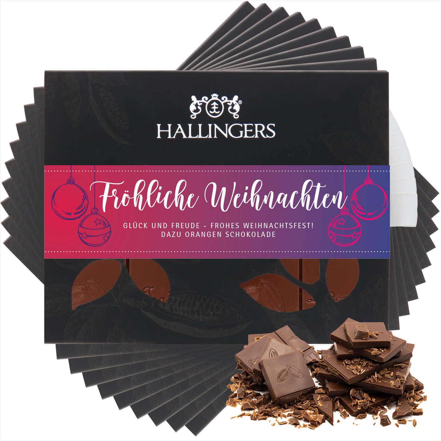 Hallingers Genuss Manufaktur Schokolade Weihnachts-Geschenk - Tafel Edelkakao handgeschöpft ohne Alkohol edler Karton 10x "Fröhliche Weihn..." Orange, Weihnachten für Frauen Männer