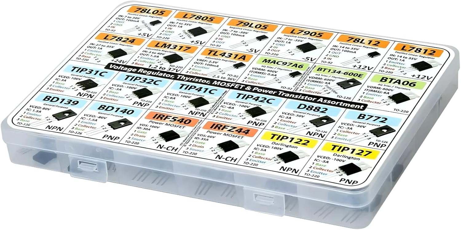 82-Piece Transistor Assortment, Npn Pnp, Mosfet Transistors, Voltage Regulators, Organized Kit for Electronics