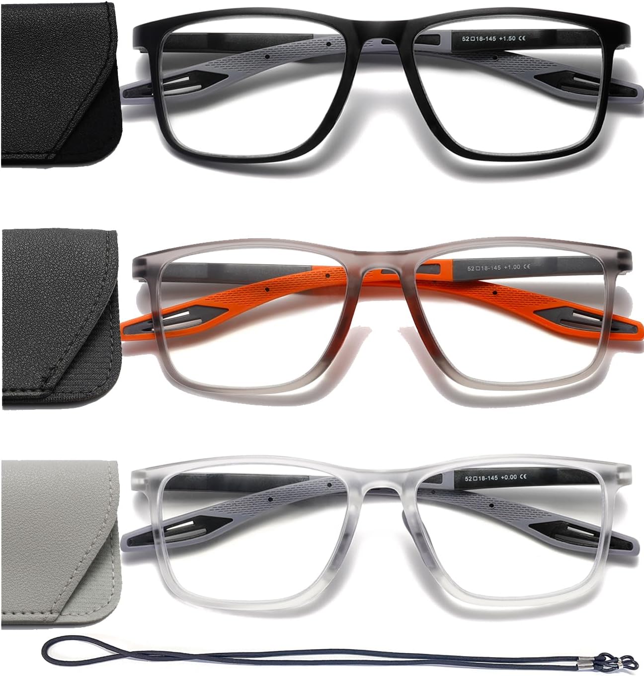 Hubeye TR90 Sports Reading Glasses for Men and Women Ultralight Flexible Anti-Blue Light Readers（Black+Grey+Orange，+2.0）