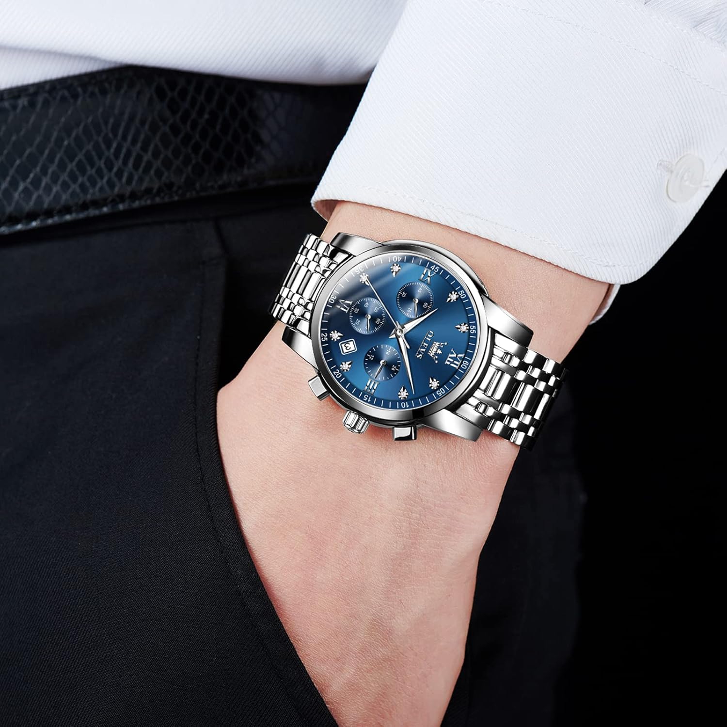 腕時計メンズ ファッション クオーツ アナログうで時計防水 ビジネス とけい腕時 計メンズ メタルバンド ブルー腕時計男性用 かっこいい プレゼント Watch for Men