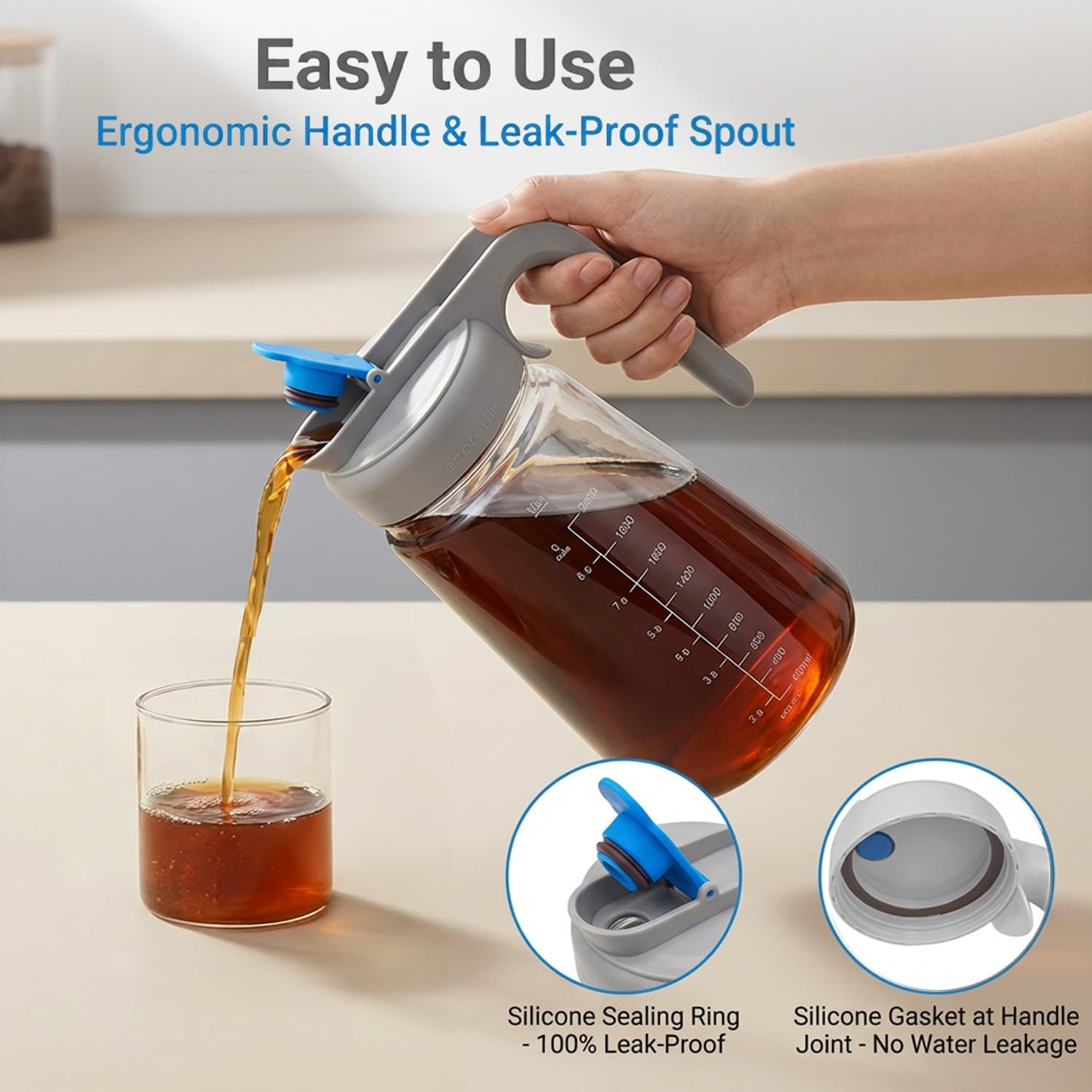 ECORELAX Cold Brew Coffee Maker,High Transparency Borosilicate Glass Container with Stainless Steel Filter, Iced Tea Pitcher with Lid,Modern Style, Ergonomic Handle,Spill-proof Lid (（Gray 64oz)