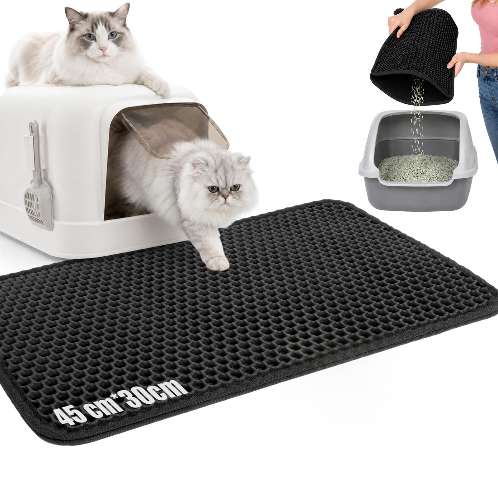 30x45cm Alfombra Gatos Arenero, Alfombrilla para arena para gatos, Alfombrilla de Caja de Arena, Alfombra para Arenero Gato Doble Capa, Impermeable y Antideslizante, Fácil de Limpiar EVA, Gris