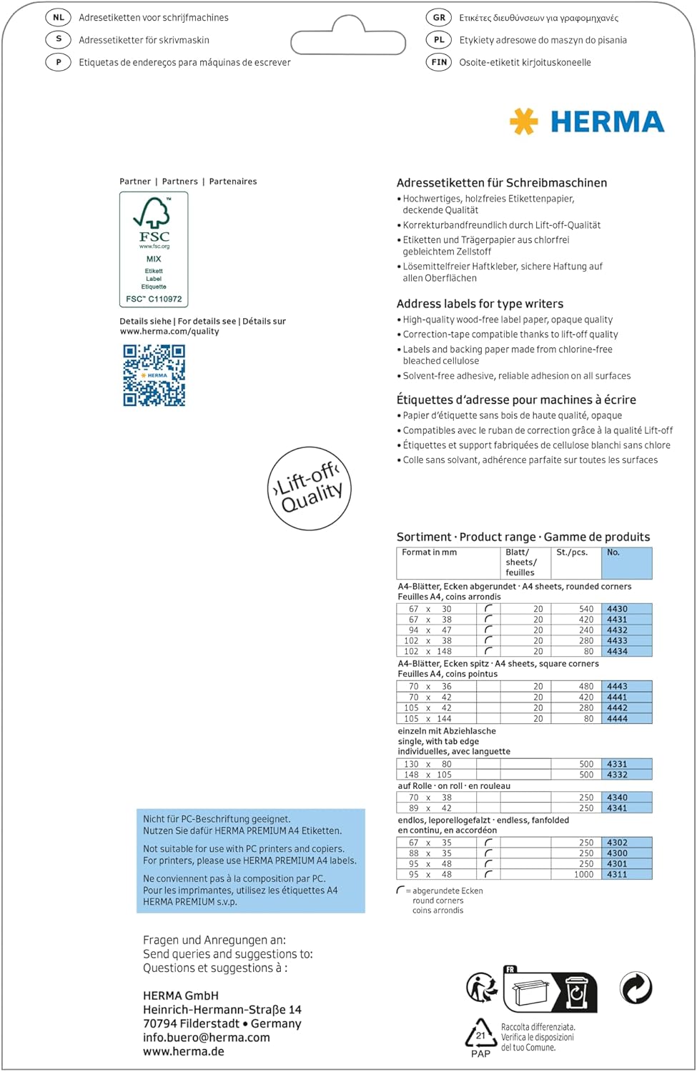 Herma 4431 Address Labels 67 x 38 mm 20 Sheets 420 Labels White