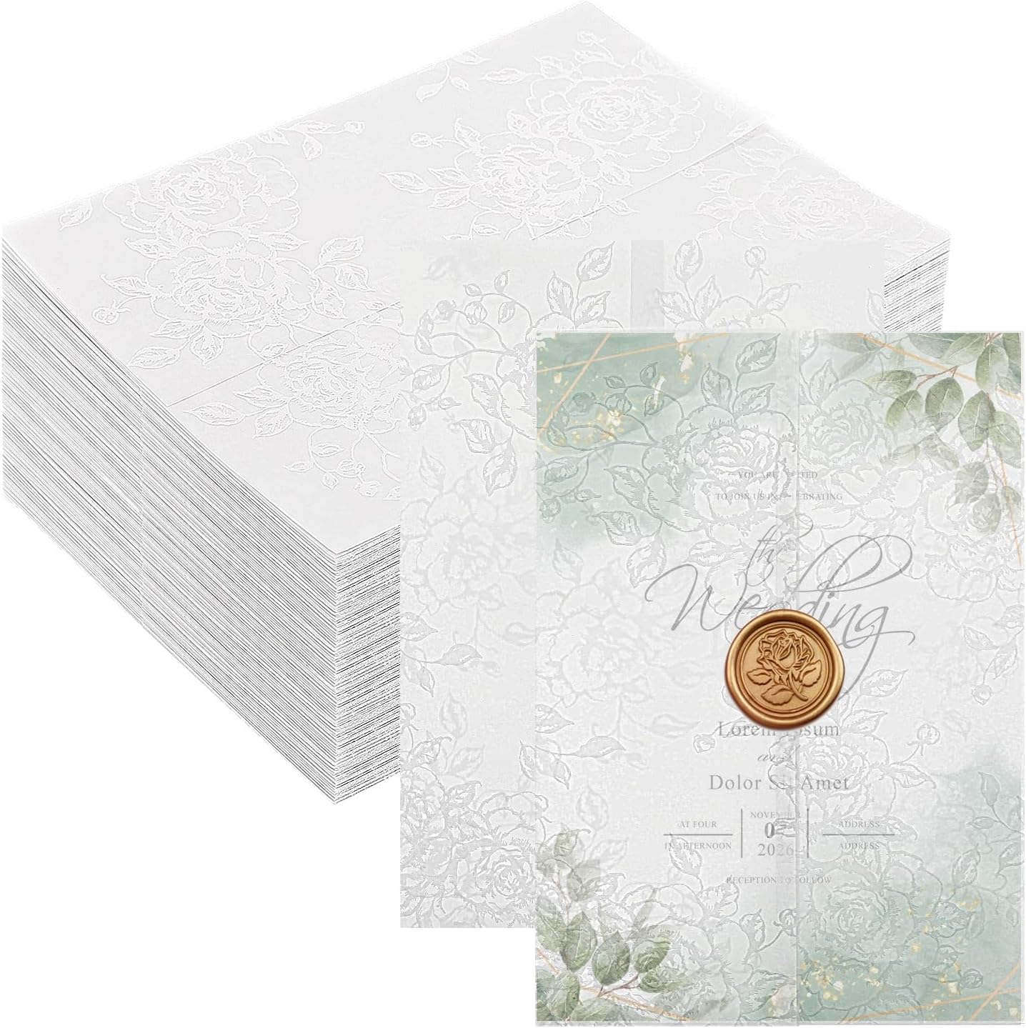 120 Pack Floral Vellum Jackets for 5x7 Invitations, Pre-Folded 115GSM Translucent Paper, Thick Vellum Paper Wraps for Wedding Invitation Baby Bridal Shower Birthday Party Events