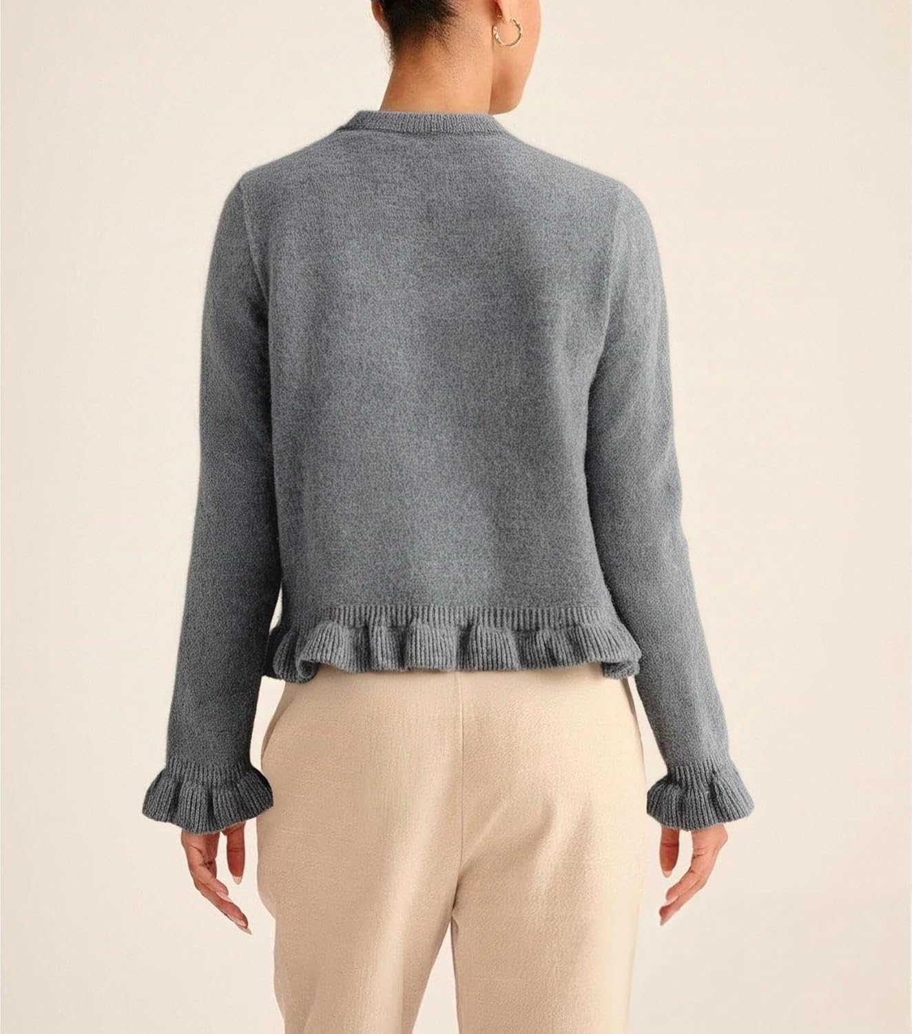 Womens Ruffle Cardigan Sweaters Long Sleeve Button Up Crew Neck Crochet Cute Sweater Fashion Soft Knit Tops - Image 3