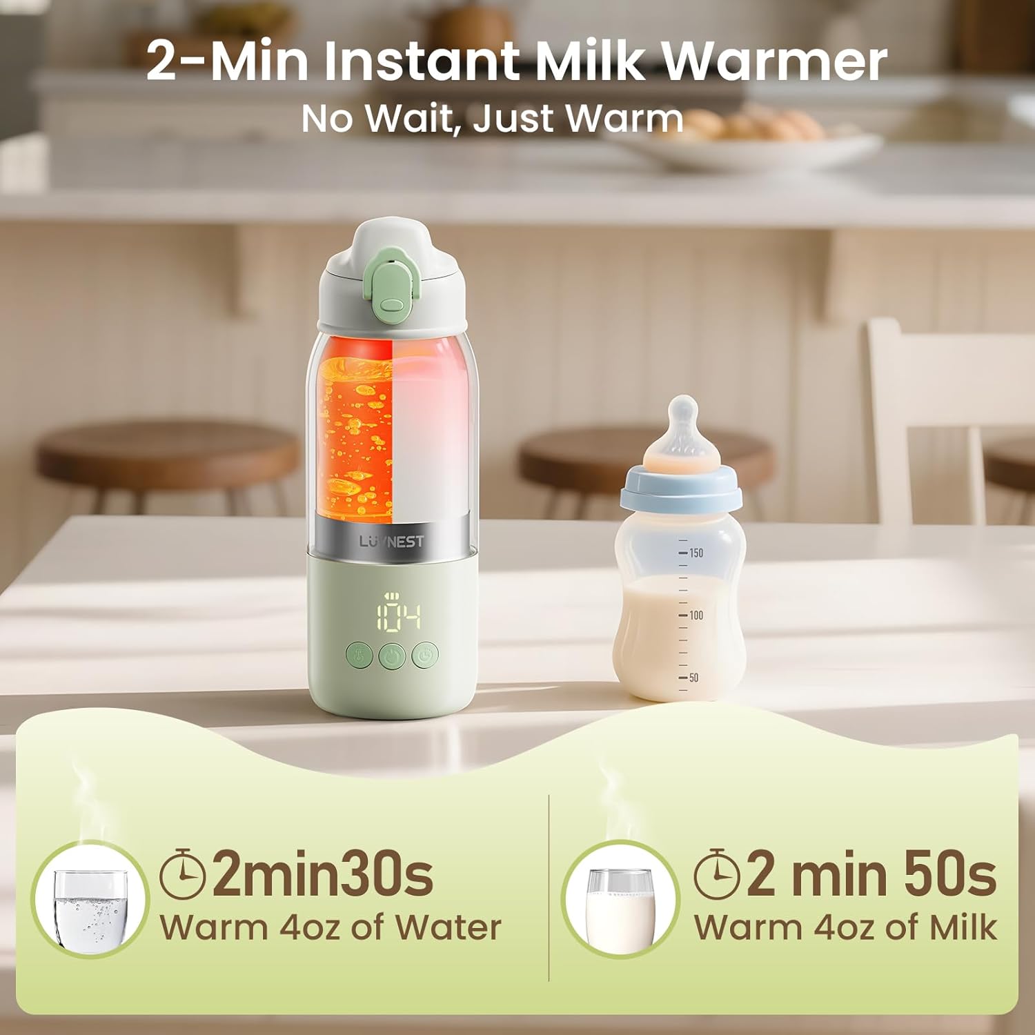 Portable Bottle Warmer for Travel, 2.5-Min Fast Heating, 12oz Baby Bottle Warmer for Breastmilk & Formula, 6 Precise Temp Control & 6 Time Settings, Baby Milk Warmer for Airplane, Car and Outdoor