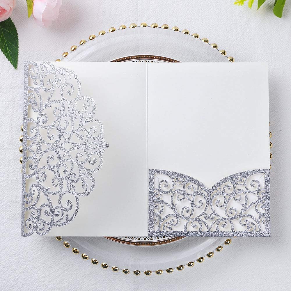 ponatia 5.12 x 7.2 Laser Cut Invitation Pocket, 20 Tri-Fold 5 x 7 Laser Cut Wedding Invitation Pockets with Envelopes for Wedding Bbay Shower Birthday