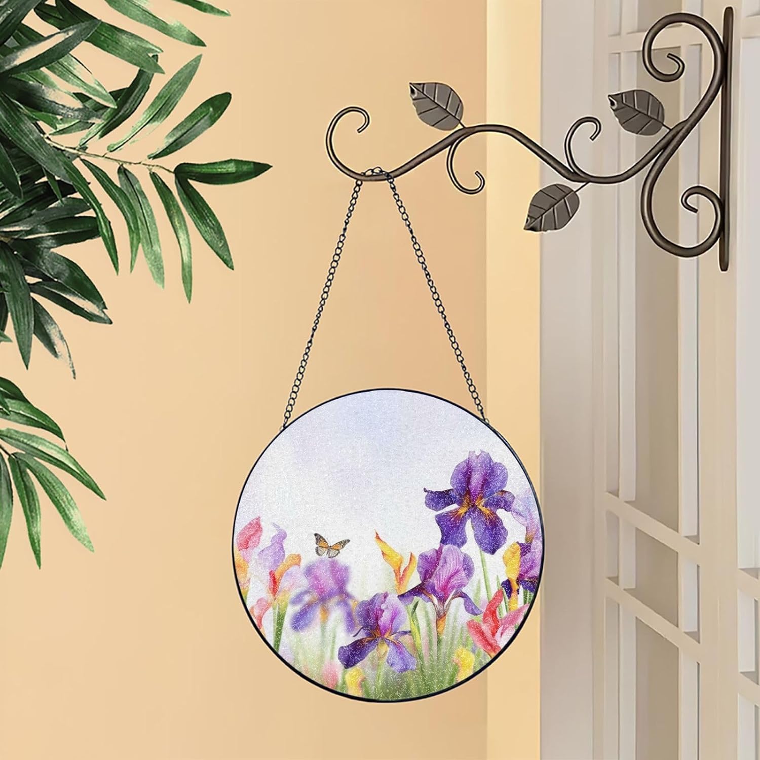 Stained Glass Window Hanging 6in（15cm）, Iris Flower Butterfly Glass Suncatcher for Home Decor, Indoor Wall Art Glass Panel with Metal Chain and Hooks, Sun Catcher Ornament Birthday Gifts