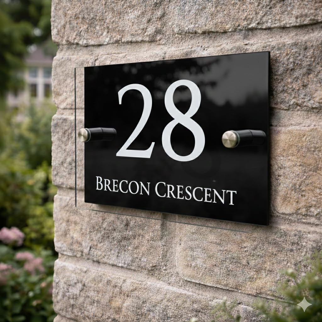 Personalised House Numbers Plaques by Blitz Craft | Glass Effect Acrylic and Black Aluminium | Custom Address Text with Door Numbers for Outside, Weatherproof Design with Fixings (200x130mm) D002