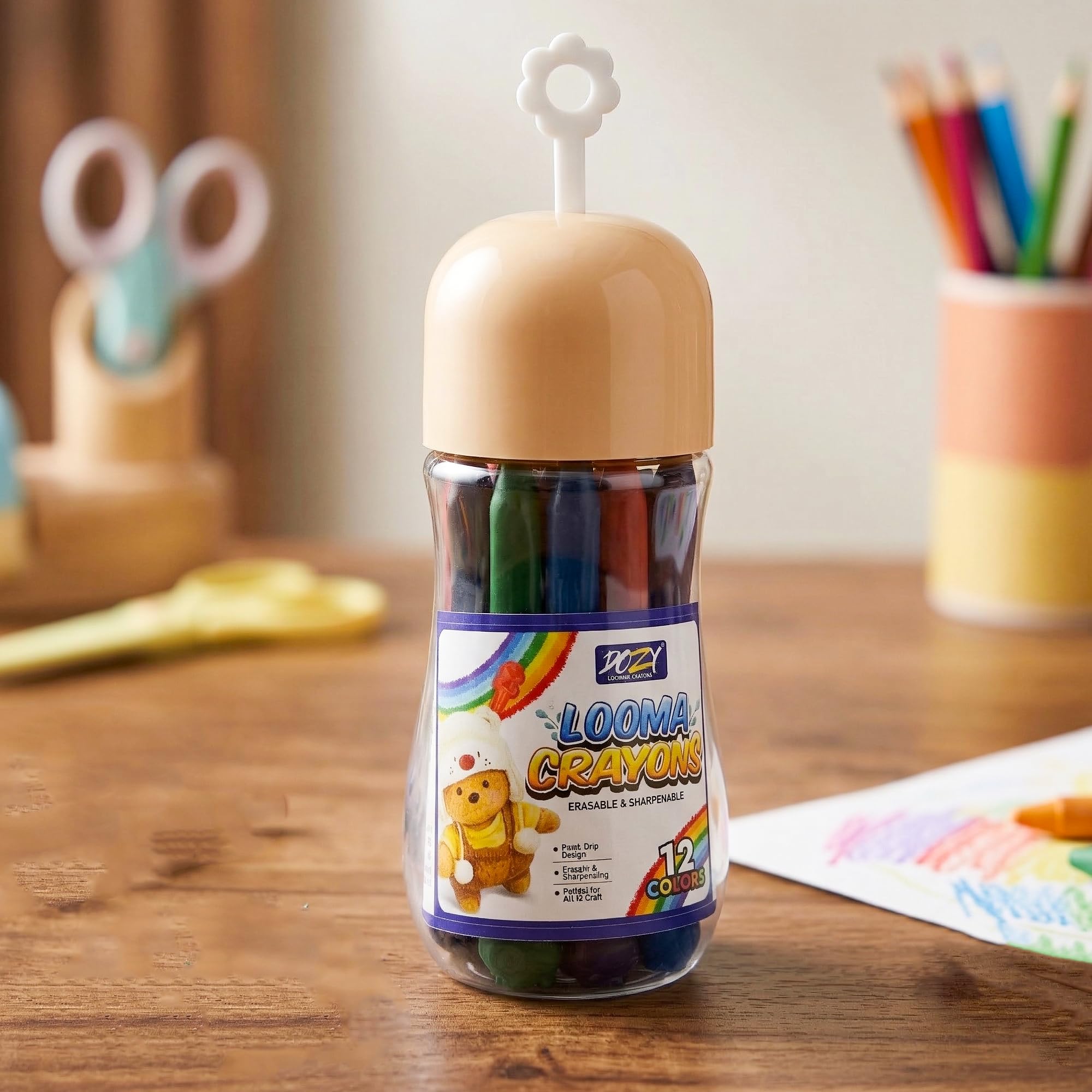 DOZY Looma Crayons, Erasable and Sharpenable, 12 Colors, with Storage Jar and Integrated Sharpener Handle, for Kids-image-39