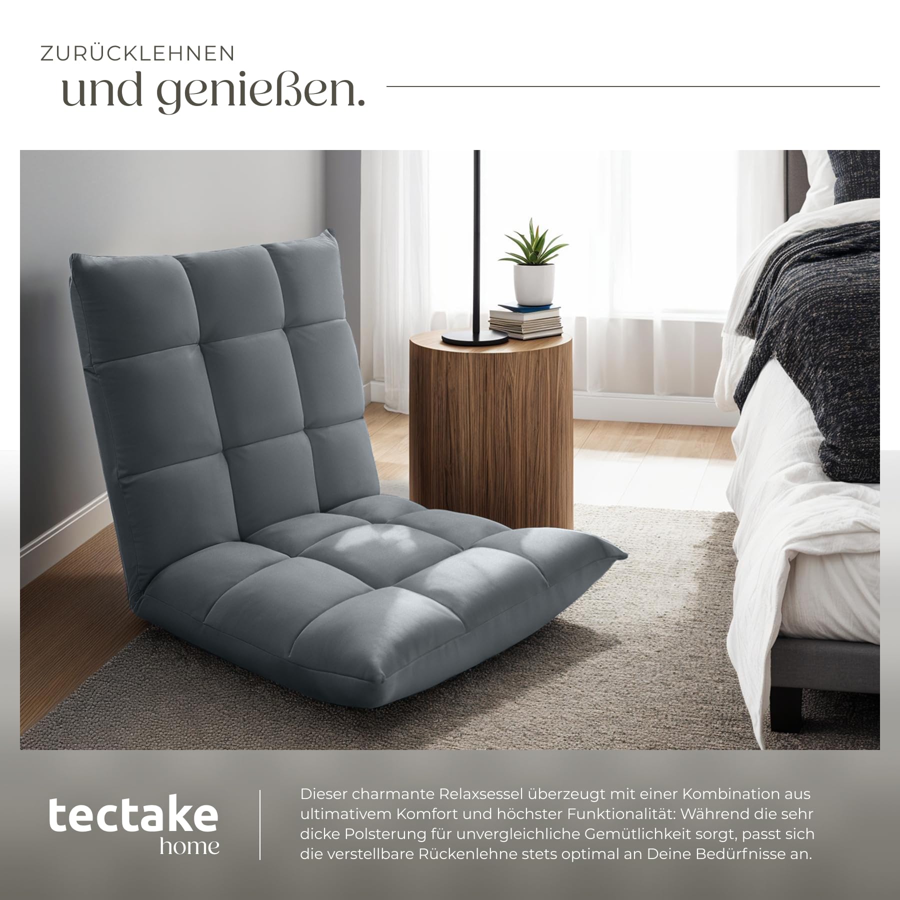tectake® Relaxsessel, XXL Bodenstuhl faltbar mit Liegefunktion, Bodensessel mit Verstellbarer Rückenlehne, nutzbar als Sessel, Sitzkissen, Bodenkissen, Relaxliege oder für Meditation (grau)