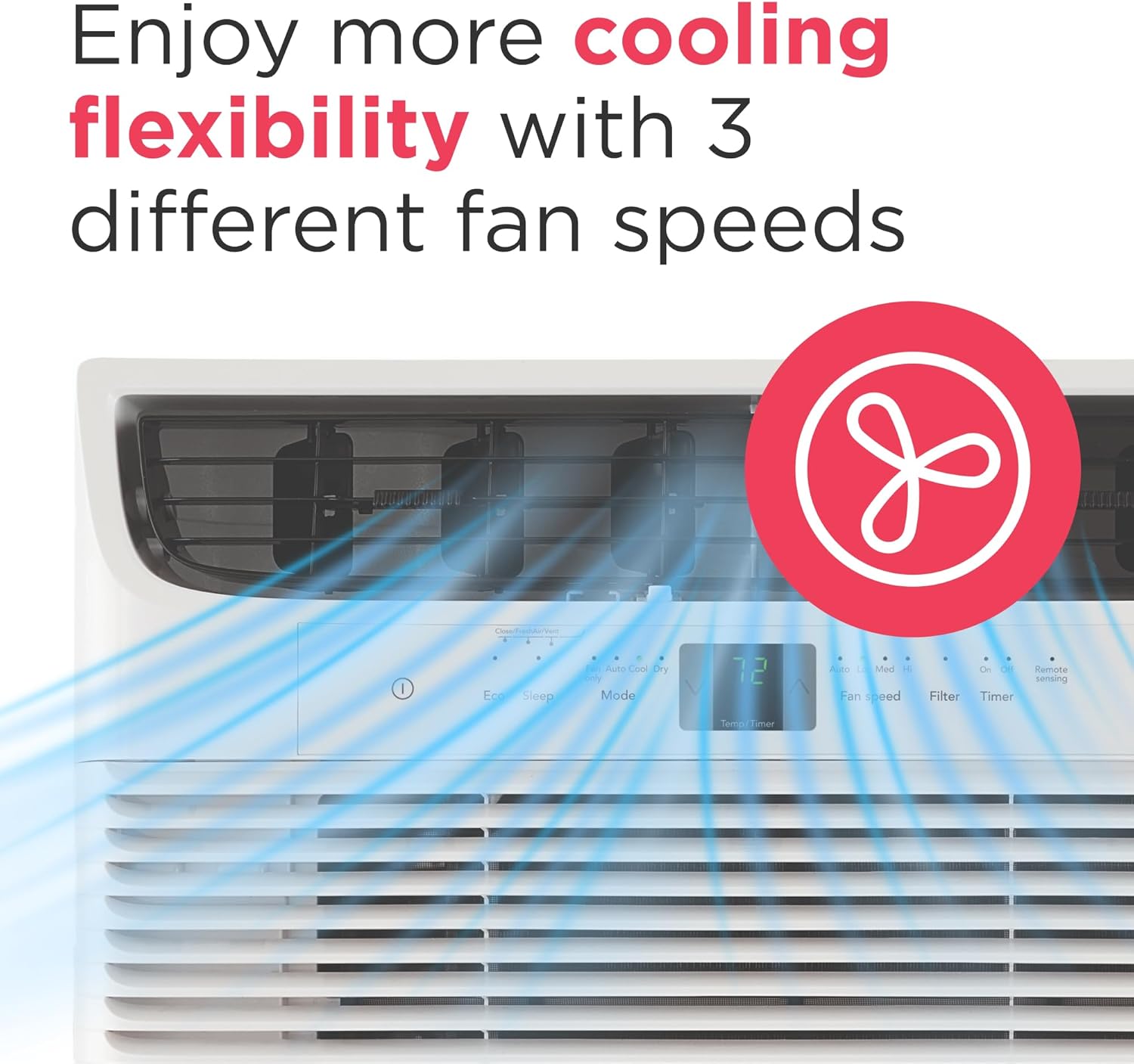 Close-up of Frigidaire air conditioner control panel showing fan speed settings
