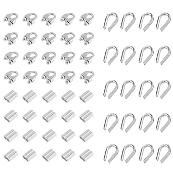 60 Pcs 1/4 Inch Wire Rope Accessory Set, PNXKTXO 20 Pcs M6 Wire Rope Cable Clamp Clip, 20 Pcs Stainless Steel Thimbles and 20 Pcs Aluminum Crimping Loop Sleeve M61/4"