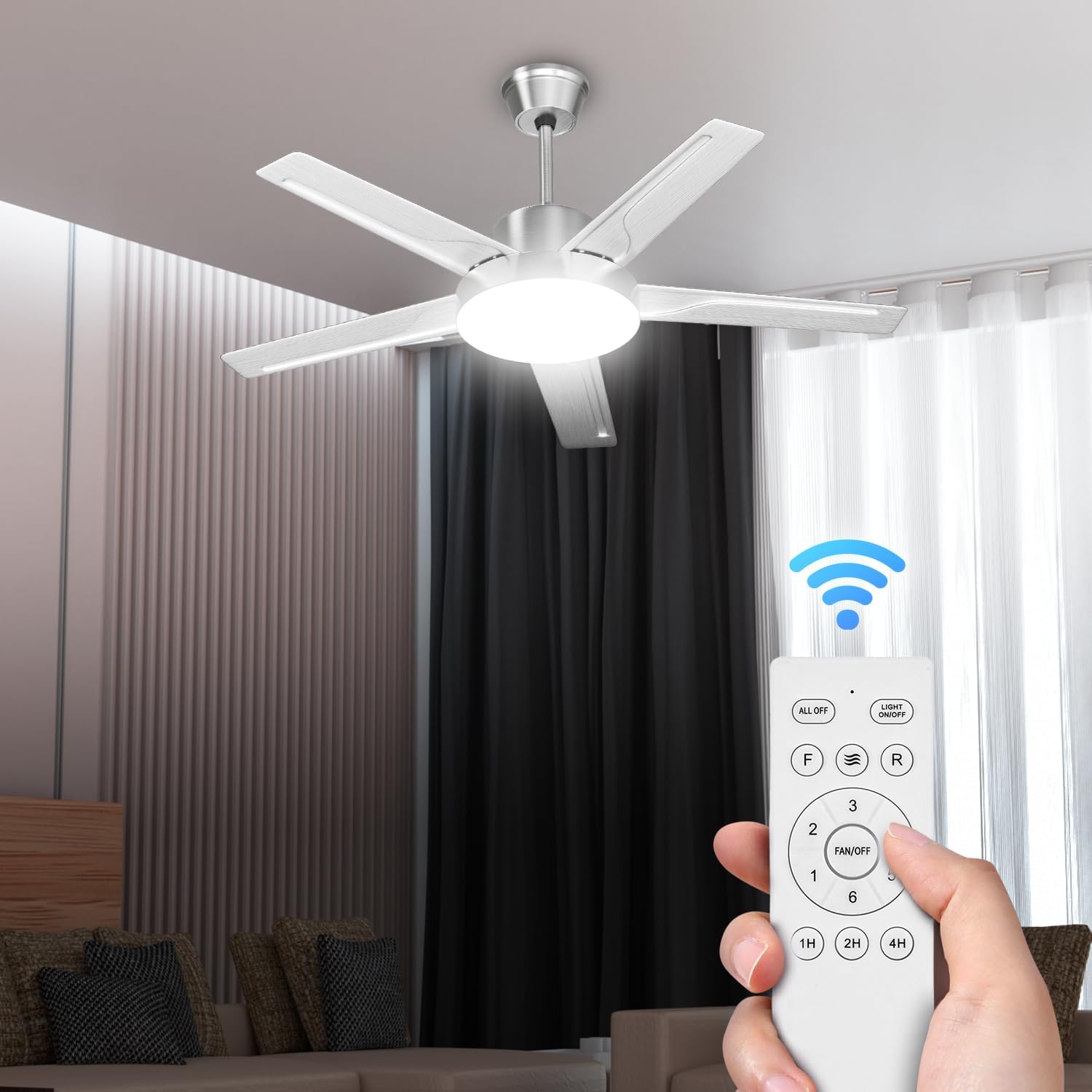 mollie 52" Ceiling Fan with Light and Remote, Rustic Dimmable LED Ceiling Fan w/Reversible Motor, 5 Industrial Stainless Steel Blades, 6 Adjustable Speeds for Bedroom, Living Room & Patio, Silver