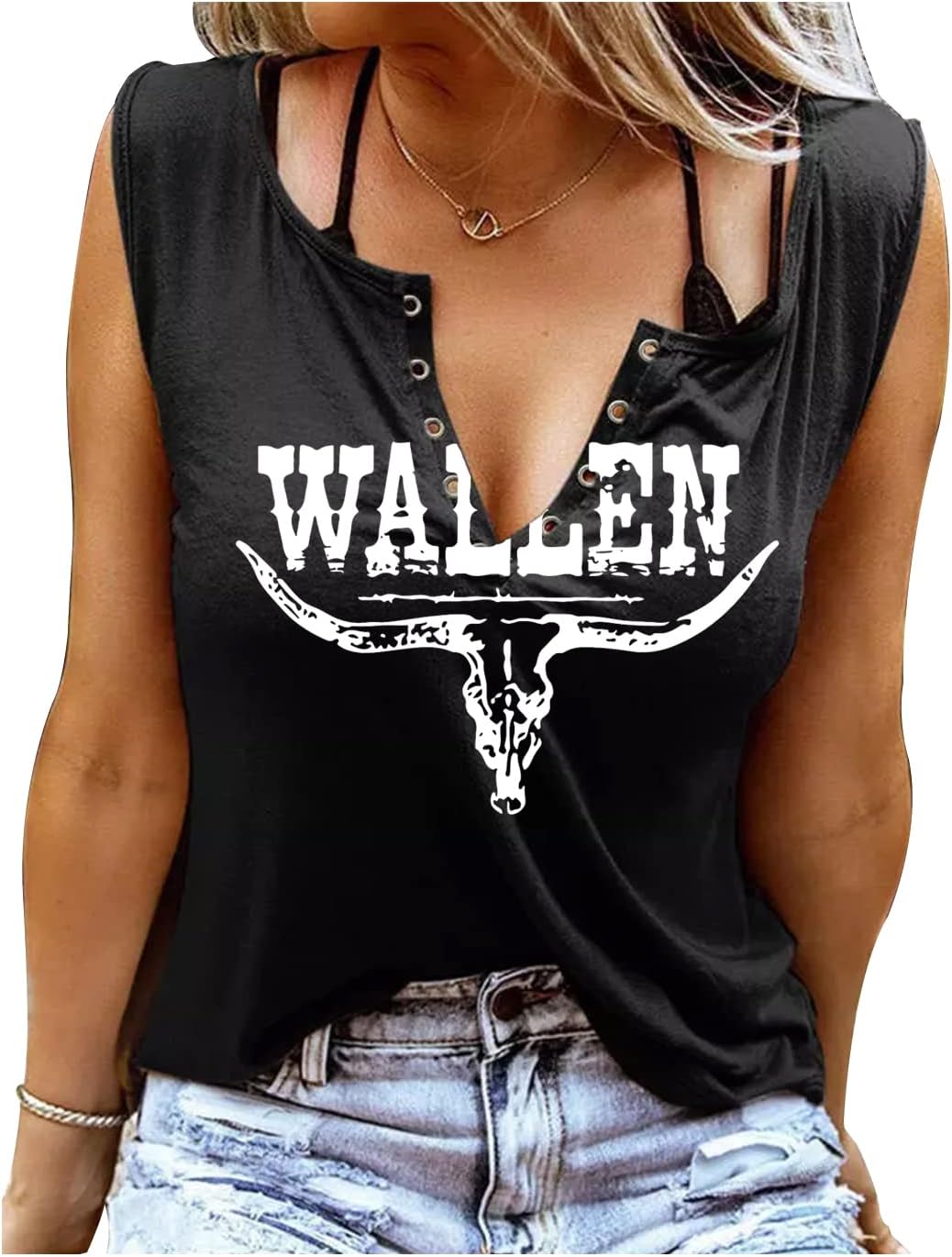Summer Sexy V Neck Tank Tops for Women Casual Loose Fit Sleeveless T Shirts Country Music Ring Hole Basic Shirts Tanks