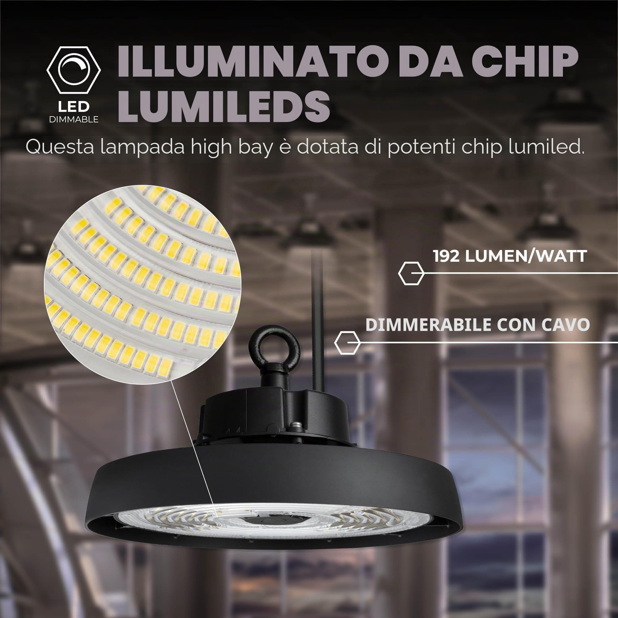 Ledvion - Campana led ufo, IP65, 150W, 192 lm/W, 4000K, Dimmerabile, lampada led industriale capannone, illuminazione magazzino officina, luce soffitto garage, illuminazione industriale led