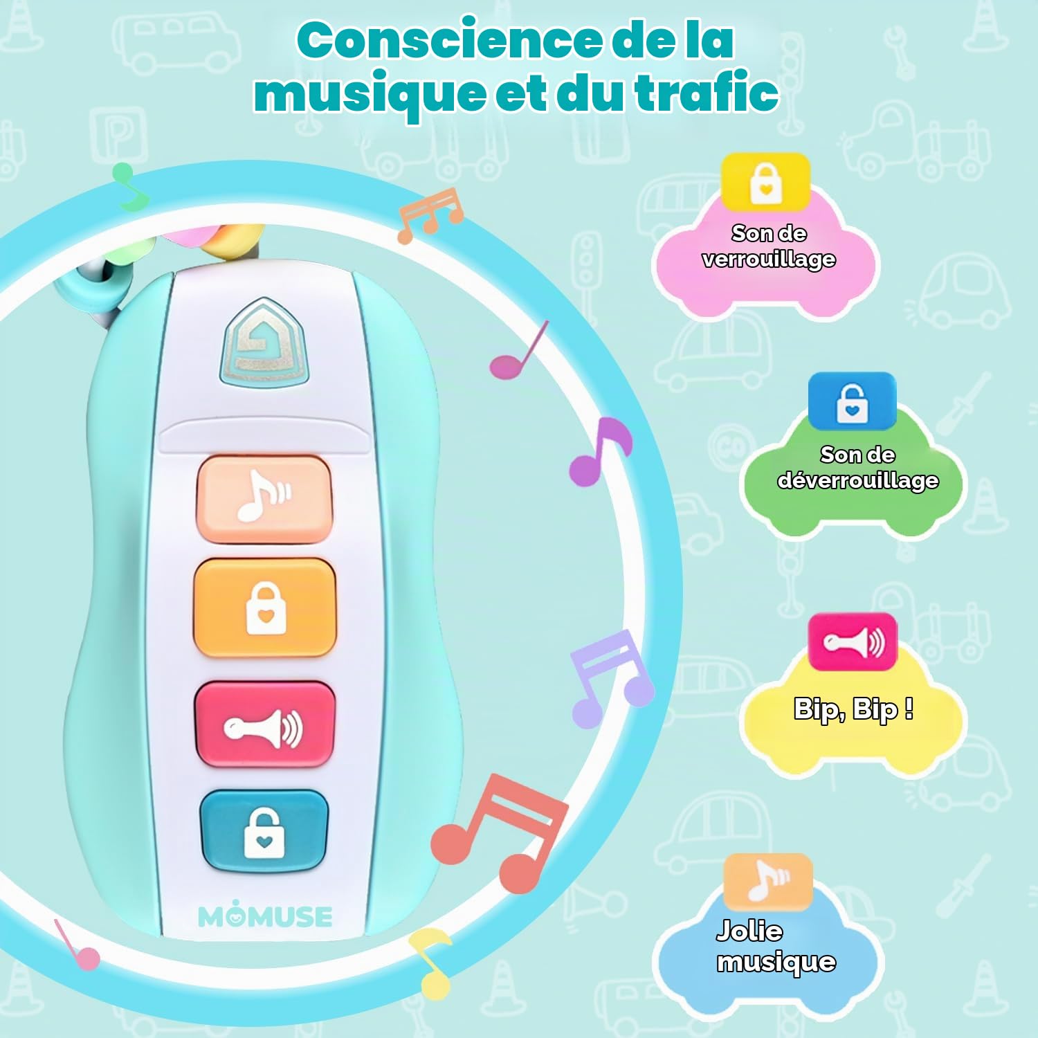 MOMUSE Anneau de Dentition pour Bébé, Jouet de Dentition | 4 Clés de Voiture, Jouet clé en Silicone, Jouets Musicaux Cadeaux de Noël et d'anniversaire pour Bébé 10 12 16 18 Mois
