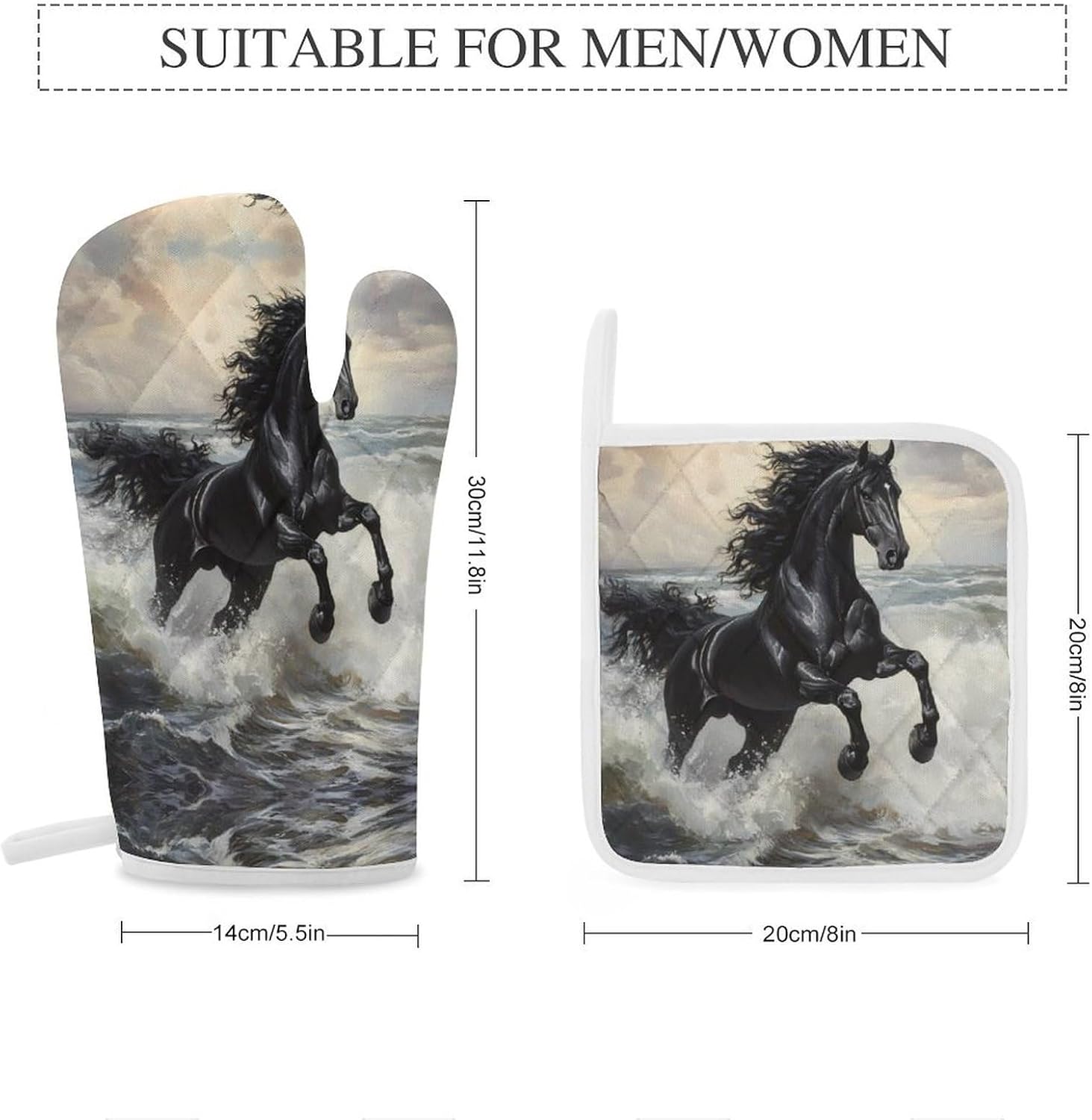 Galloping Black Horse Seaside Oven Mitts and Pot Holders 4Pcs Set Heat Resistant Cooking Mitts Hot Pads
