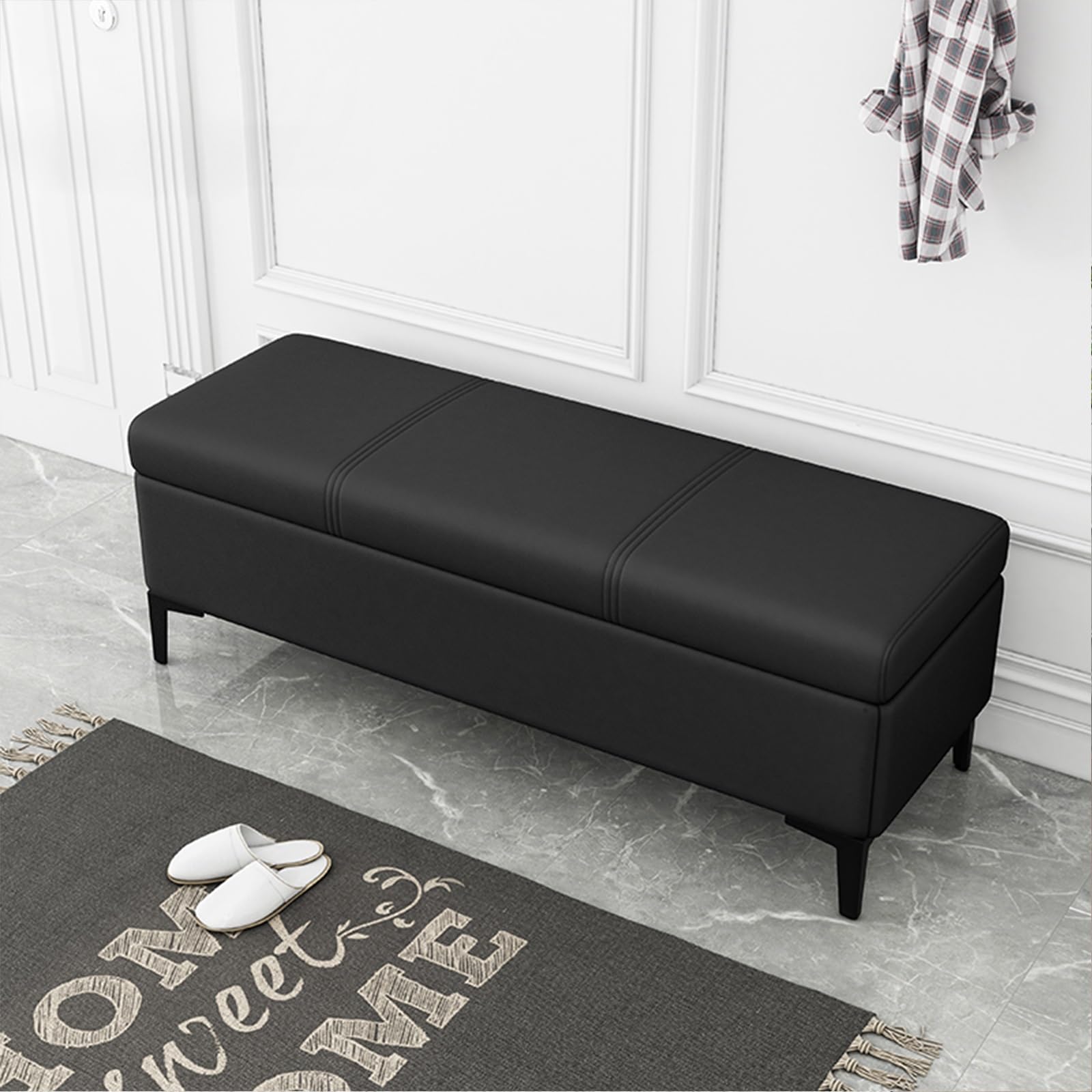 Diodceraic Black Faux Leather Storage Ottoman Bench With Storage Extra Long Upholstered Bedroom Bench With Storage Space For Entryway Ottomans Stools Storage Benches Storage Footstool For Bedroom, Living Room(,12