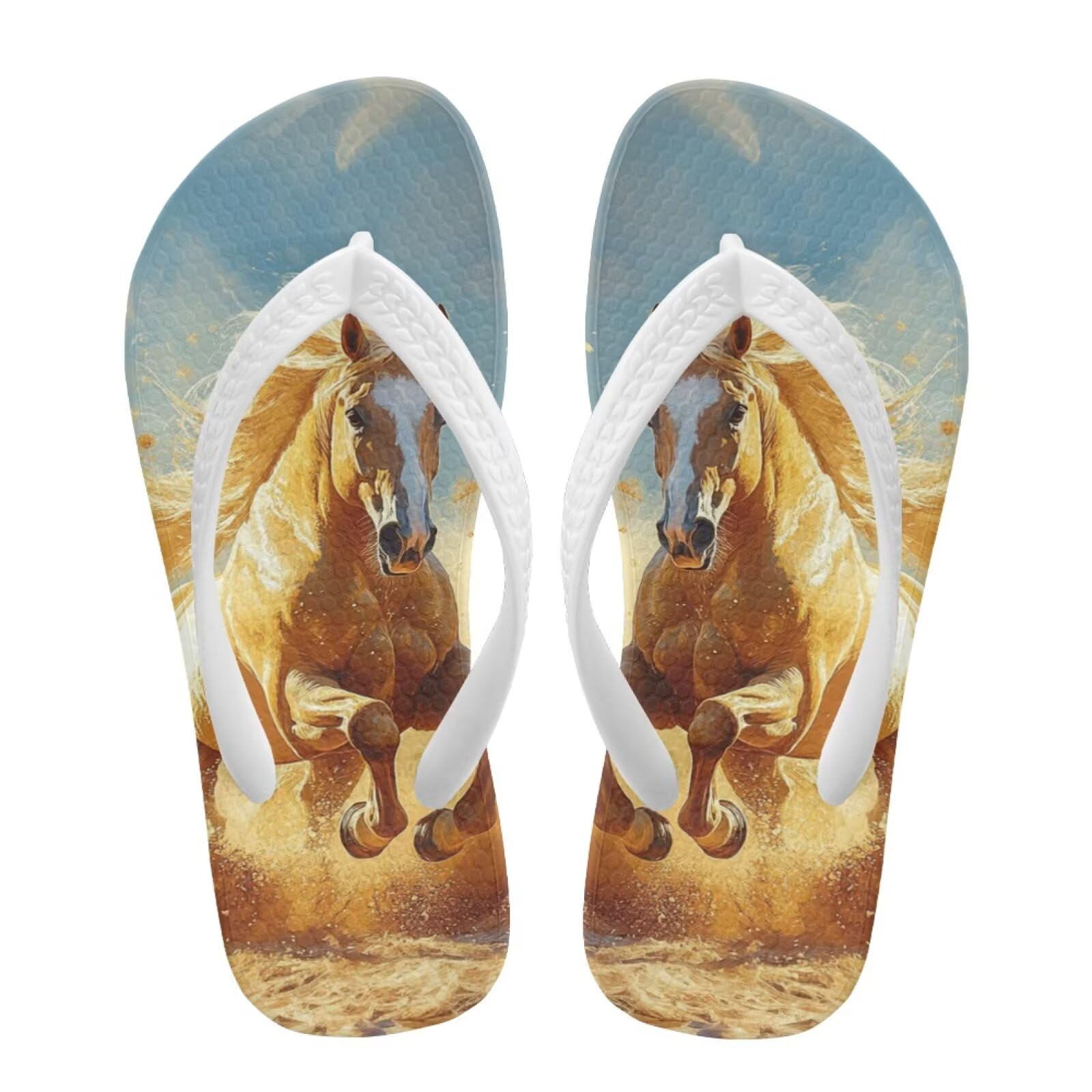 Pointodoor Kids Girls Beach Pool Flip Flops Sandals with Running Horse Print Summer Beach Pool Water Shoes Lightweight,US 13.5
