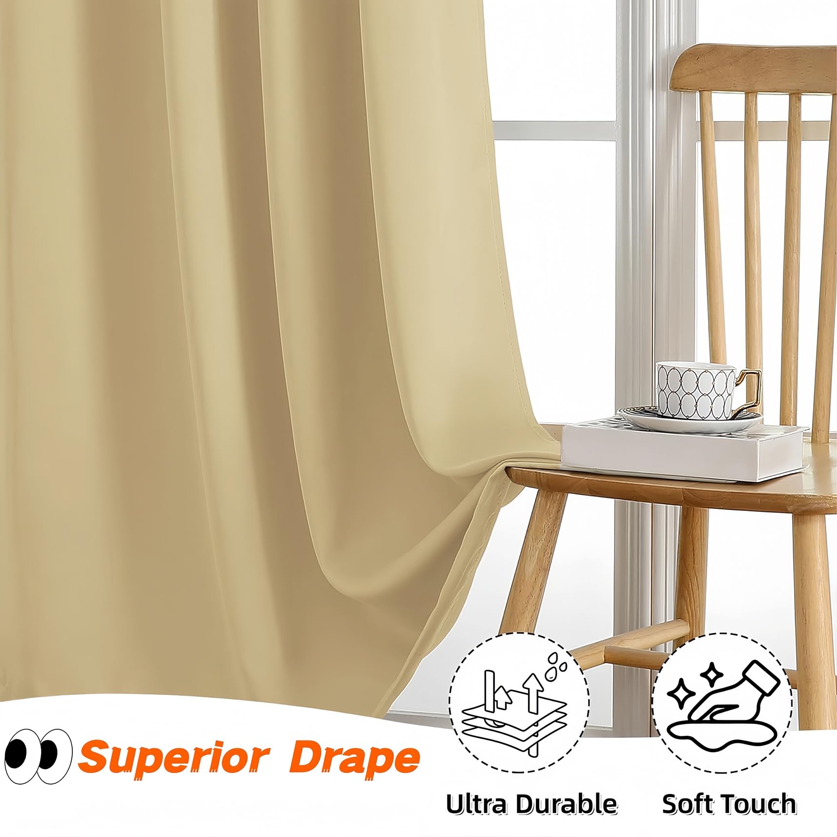 Blackout Thermal Curtains 100 x 250 cm Wärme, Gegen Kälte, Schalldämmende Blickdicht Verdunklungsvorhänge 1Er Set für Wohnzimmer Kinderzimmer Schlafzimmer Fenster, Creme Farben