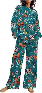 TURWXGSO Women's 2 Piece Outfits Plus Size Long Sleeve Tracksuit Pockets Long Pants Set Ladies Two-Piece Printed Loose Tops Casual Suits & Sets Wide Leg Pants Trousers Loungewear