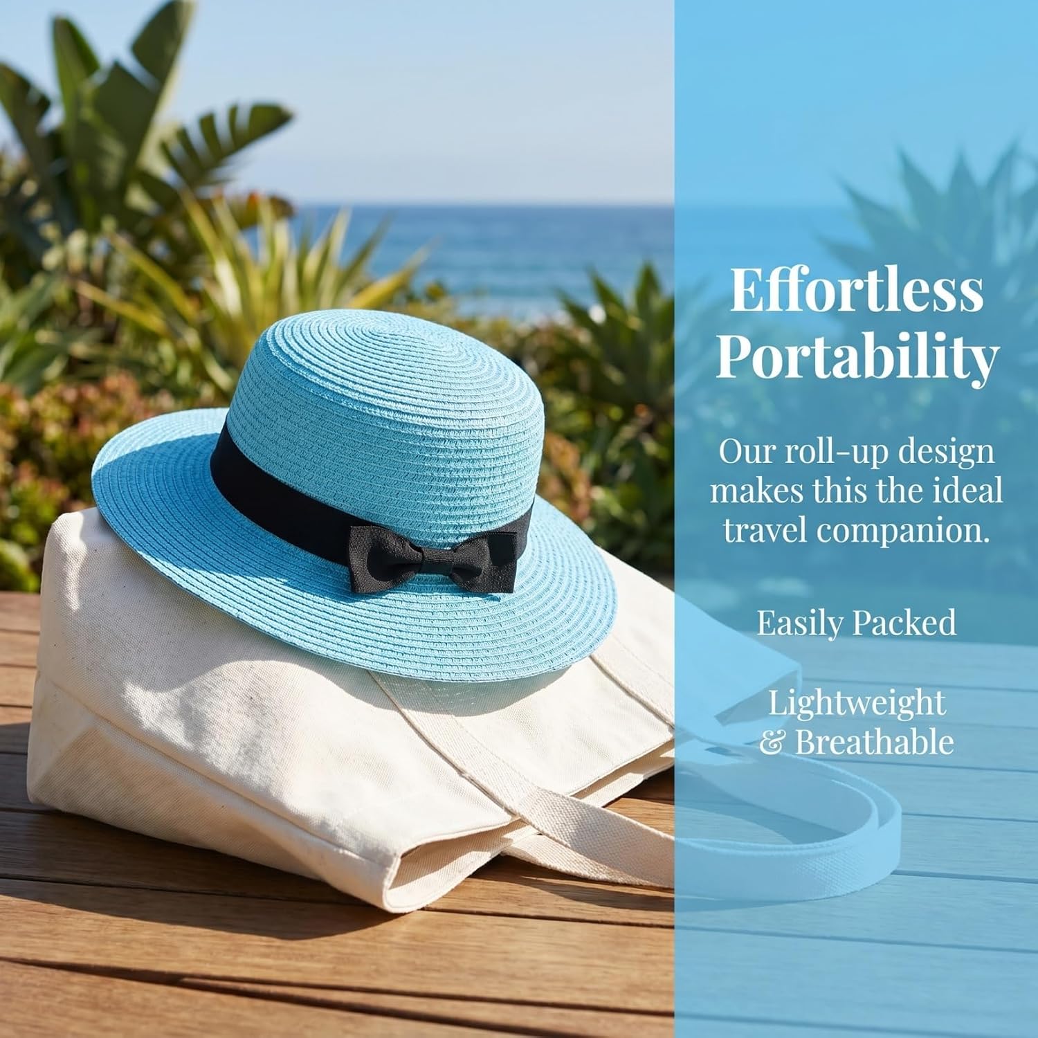 STOBOK Summer Straw Hats Women Beach Fashion Foldable Sun Hats Dome Cap Bowknot Roll-up Caps Sun Visor Soft Blue