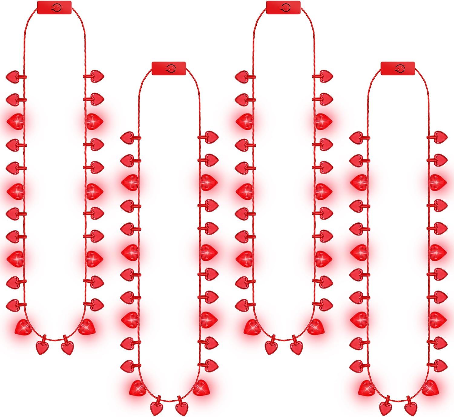 EOBOH 4PCS Valentines Necklace Gifts, 8 Light Red Heart Bulb Valentines Necklace, 3 Modes Light up Beads Necklace Gifts, 3D Heart Exchange Gift Classroom Family Party Supplies