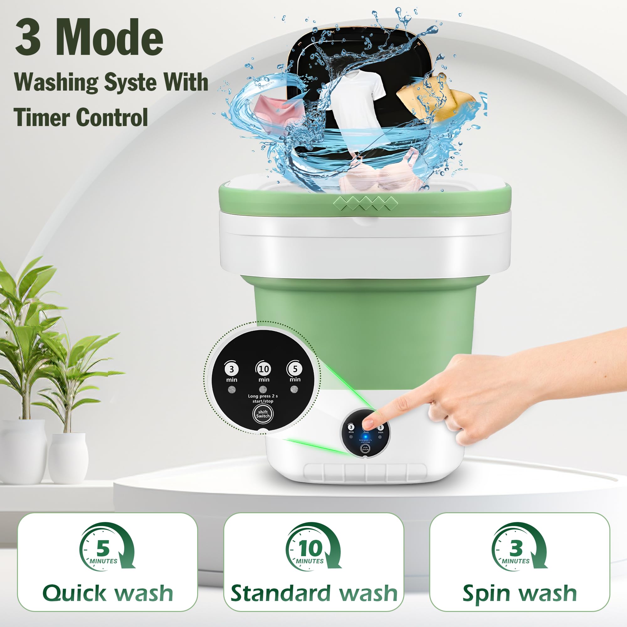 16L Portable Washing Machine with Spin Basket 3 Wash Modes Timer - Collapsible, Portable Clothes Washer for Travel Apartment Camping Dorm Hotel - Deep Cleaning Mini Washer Compact Washing Machines — view 3