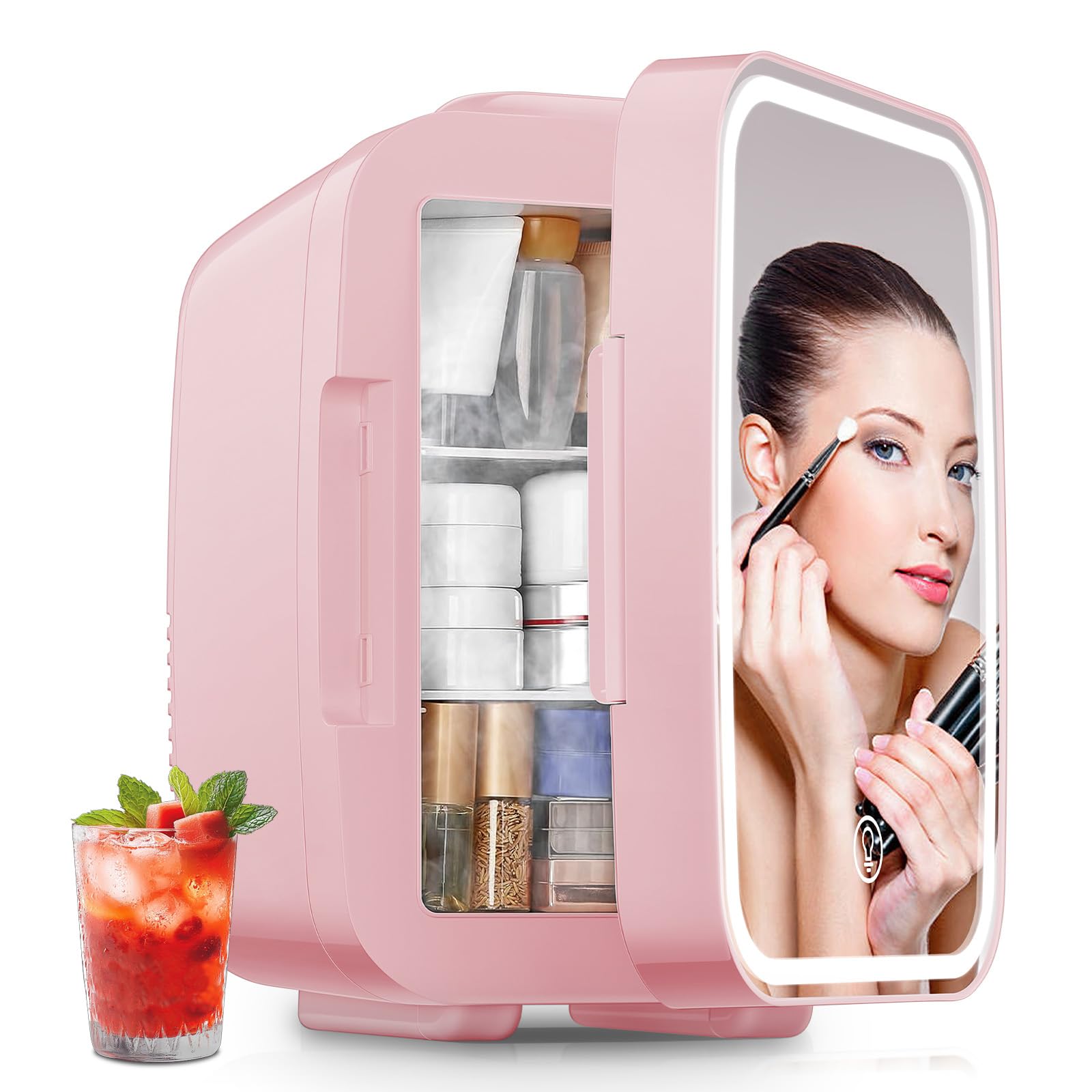 FOHERE Mini Fridge for Bedrooms, 5L/6 Can Portable Skincare Fridge with Dimmable LED Light Mirror, Cooler & Warmer for Food, Drinks and Cosmetic, Small Refrigerator for Home Office — view 9