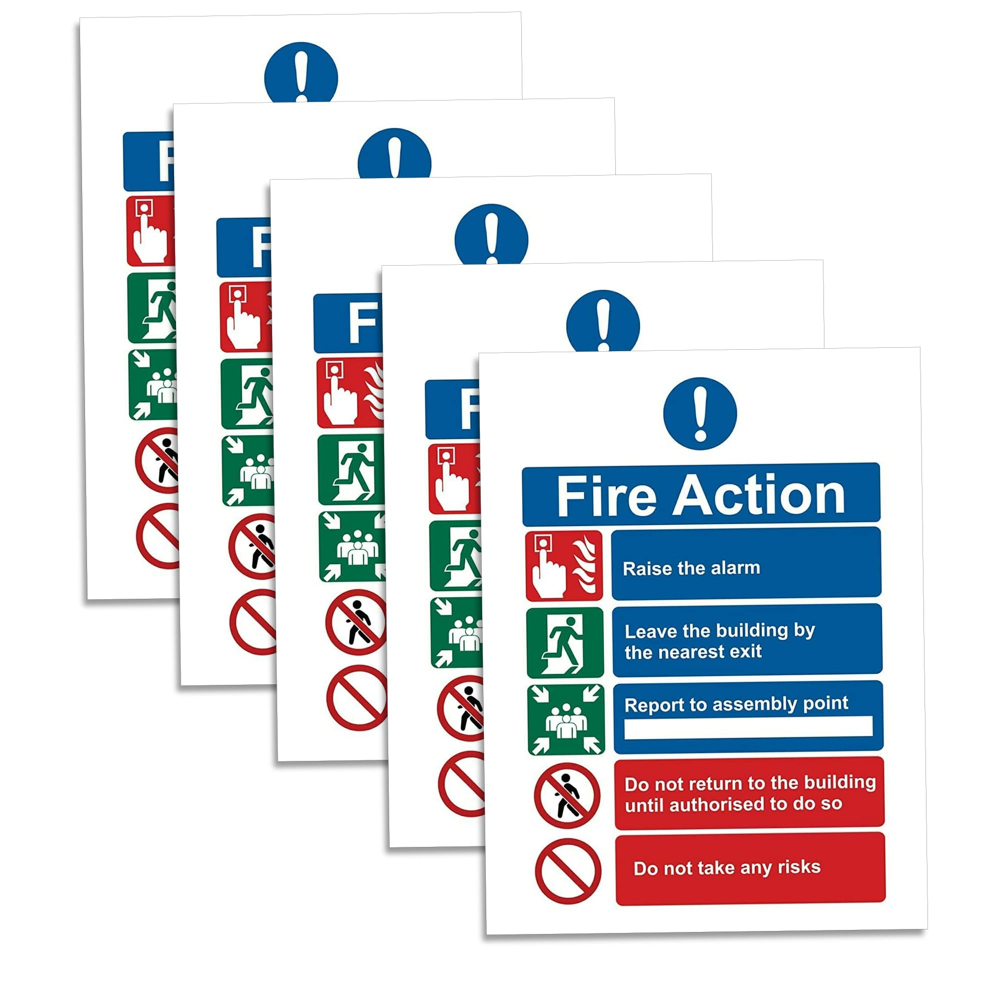 RubiGo – 1/2/5/10 Pack Fire Action Notice Sticker 20x15cm – Fire Safety Sign for Evacuation, Assembly Point, and Extinguisher Locations - Self Adhesive Vinyl (5)