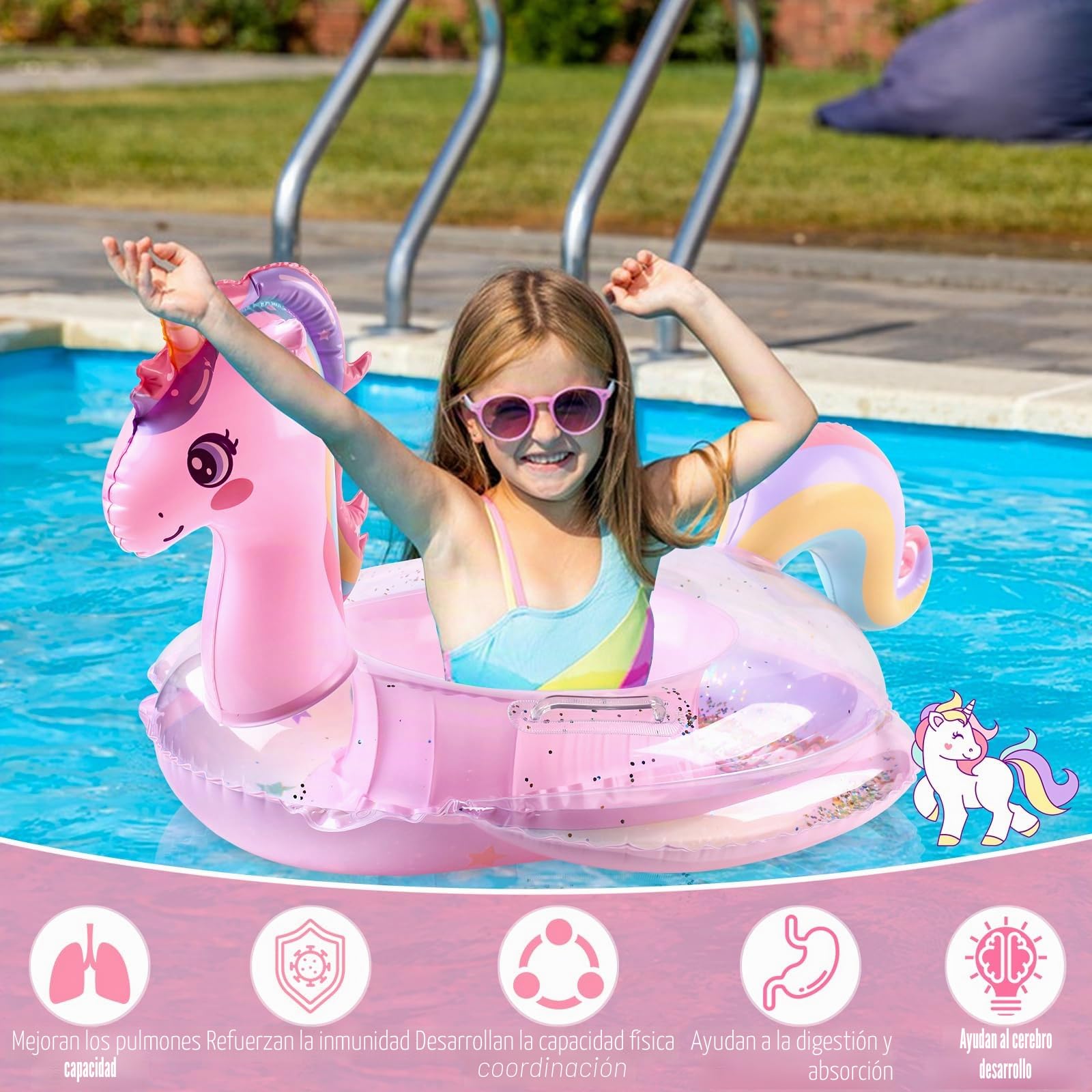 Anillo De Natación Inflable Con Toldillo Para Bebés – Flotador De Unicornio Con Doble Asa, Apto Para 1 A 5 Años (hasta 40 Kg)