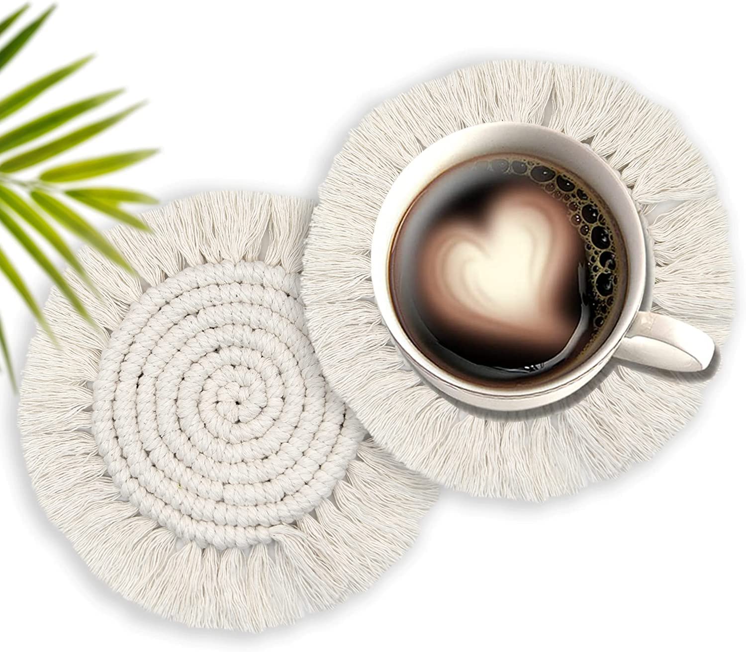 Angju 2Pcs of Coasters for Drinks Absorbent, Boho Coasters for Wooden Table, Farmhouse Drink Coaster Set for Kinds of Mugs and Cups, Cute Macrame Coasters for Housewarming Gift